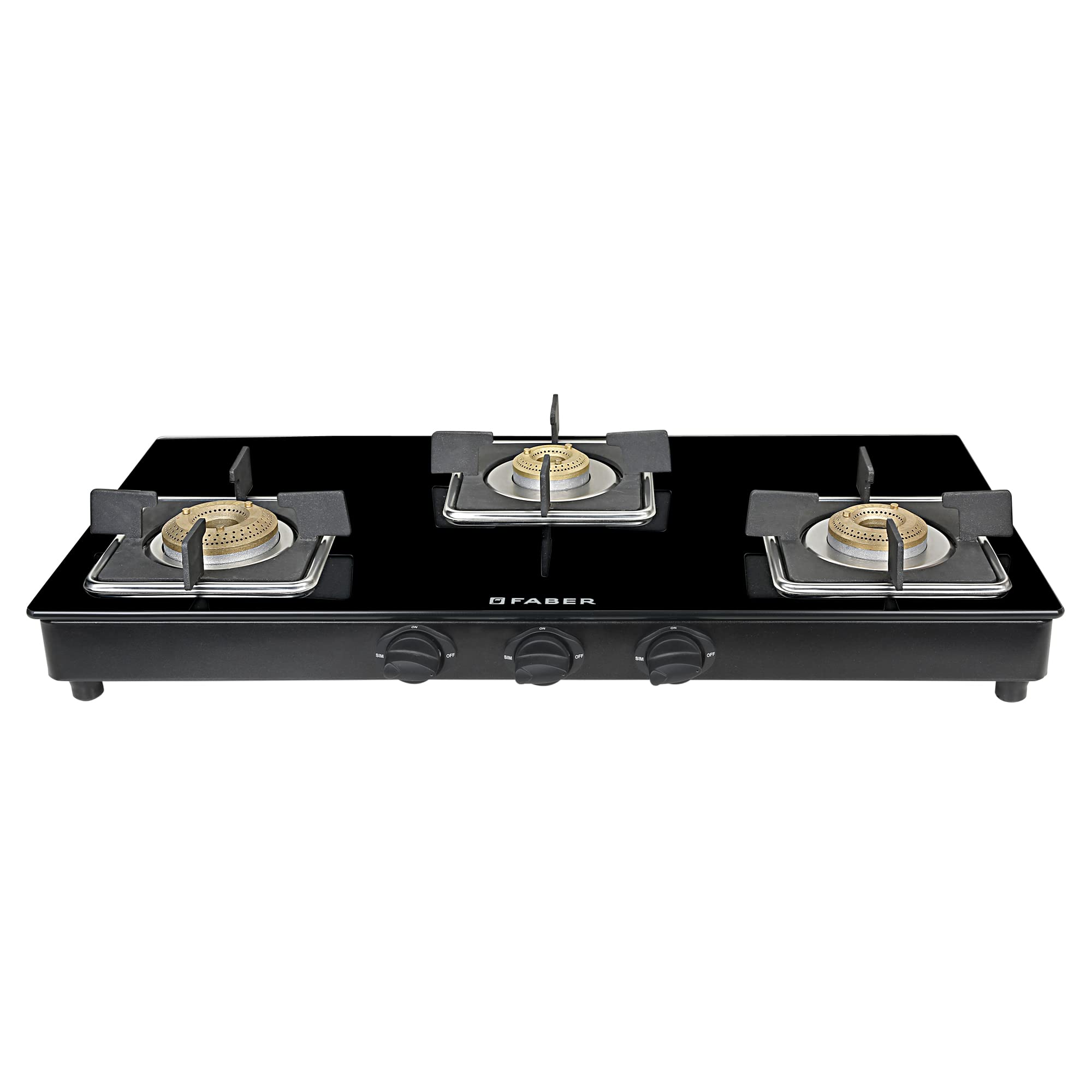 Faber Glass Top 3 Burner Gas Stove (Hob Cooktop Pearl 3Bb Bk) With Jumbo Burner, Diamond Coated Pan Support, Manual Ignition, Bl