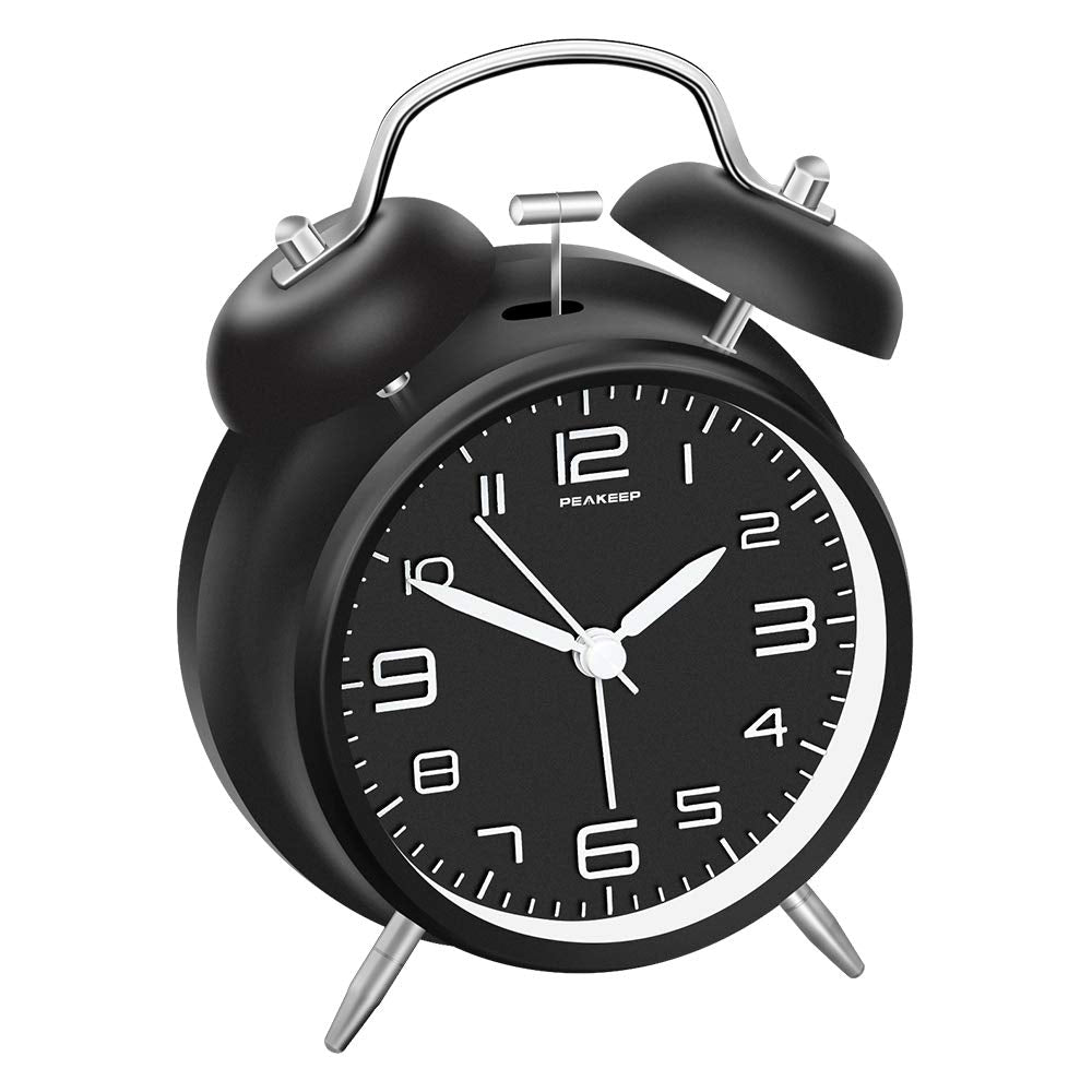 Peakeep 4 Inches Twin Bell Loud Alarm Clock for Heavy Sleepers, Backlight, Battery Operated Old Fashioned Alarm Clock for Bedroo