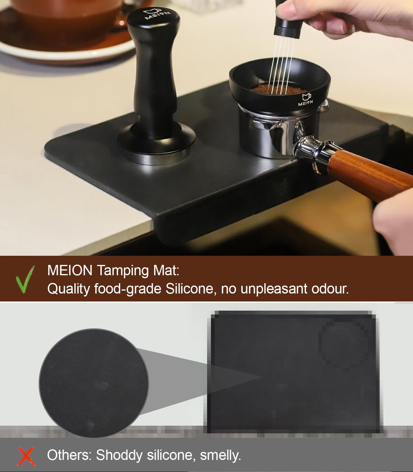 MEION Espresso Tamper Mat - Medium Black Silicone Tamping Mat, Waterproof & Heat Resistant, Model Mat-1