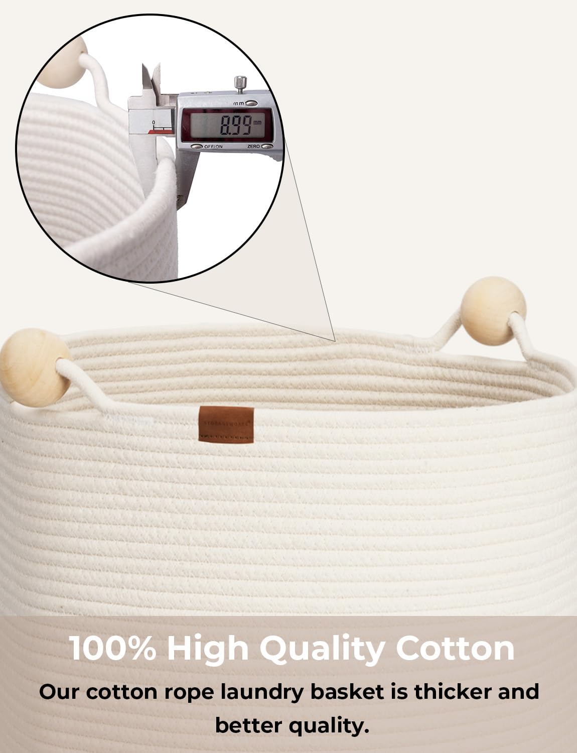 Storageworks 58L Cotton Rope Laundry Basket With Wooden Beads Handles, Woven Basket For Storage, Dirty Clothes, Kids Toys, Towel