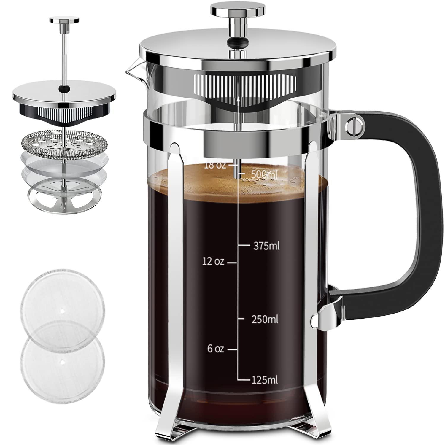 Quqiyso French Press Coffee Maker 304 Stainless Steel French Press With 4 Filter, Heat Resistant Durable, Easy To Clean, Borosil