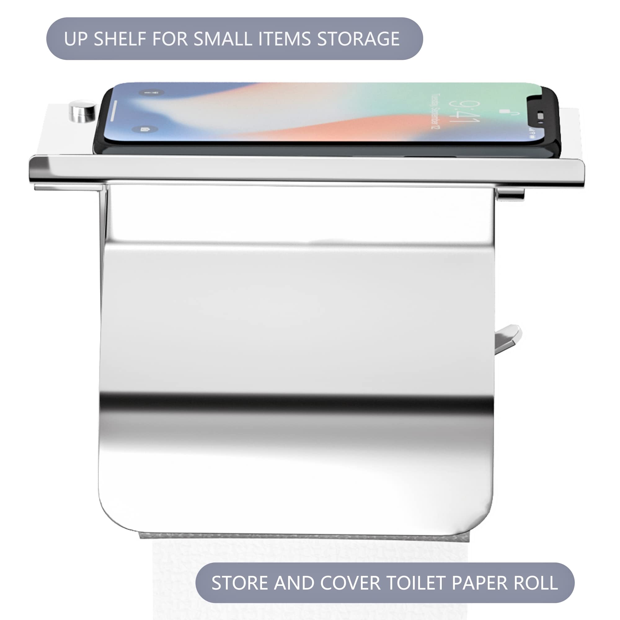 YEAVS Toilet Paper Holder with Phone Shelf and Waterproof Cover  SUS 304 Stainless Steel Tissue Roll Storage Rack (Polished Chrome)
