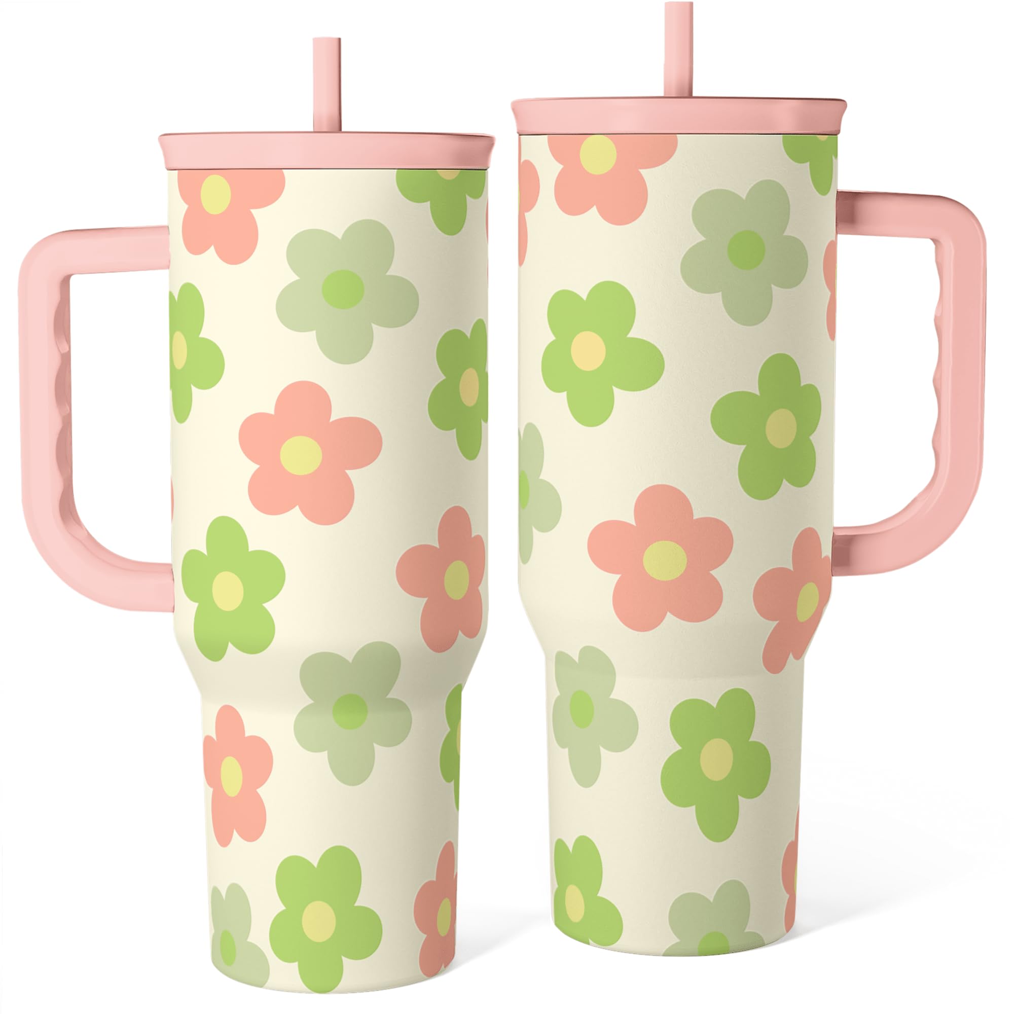 SANDJEST Daisy Tumbler with Handle 40oz, Floral Cup Stainless Steel Insulated Tumblers Coffee Travel Mug with Straw, Flower Cups