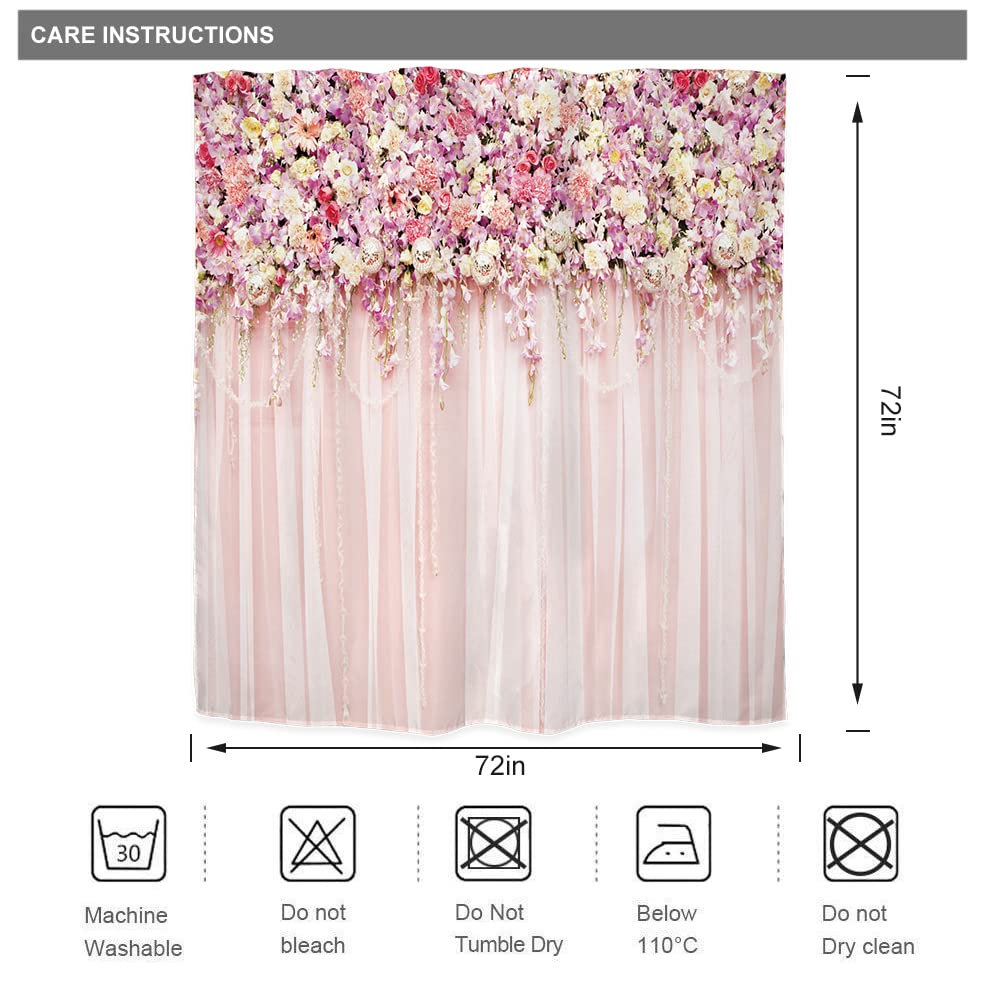 Riyidecor Pink Bridal Floral Shower Curtain for Bathroom 72Wx72H Inch Flower Rose Pattern Bath Set for Woman Girl Spring Nature Bathtub Accessories Fabric Panel Waterproof Plastic 12 Pack Hooks