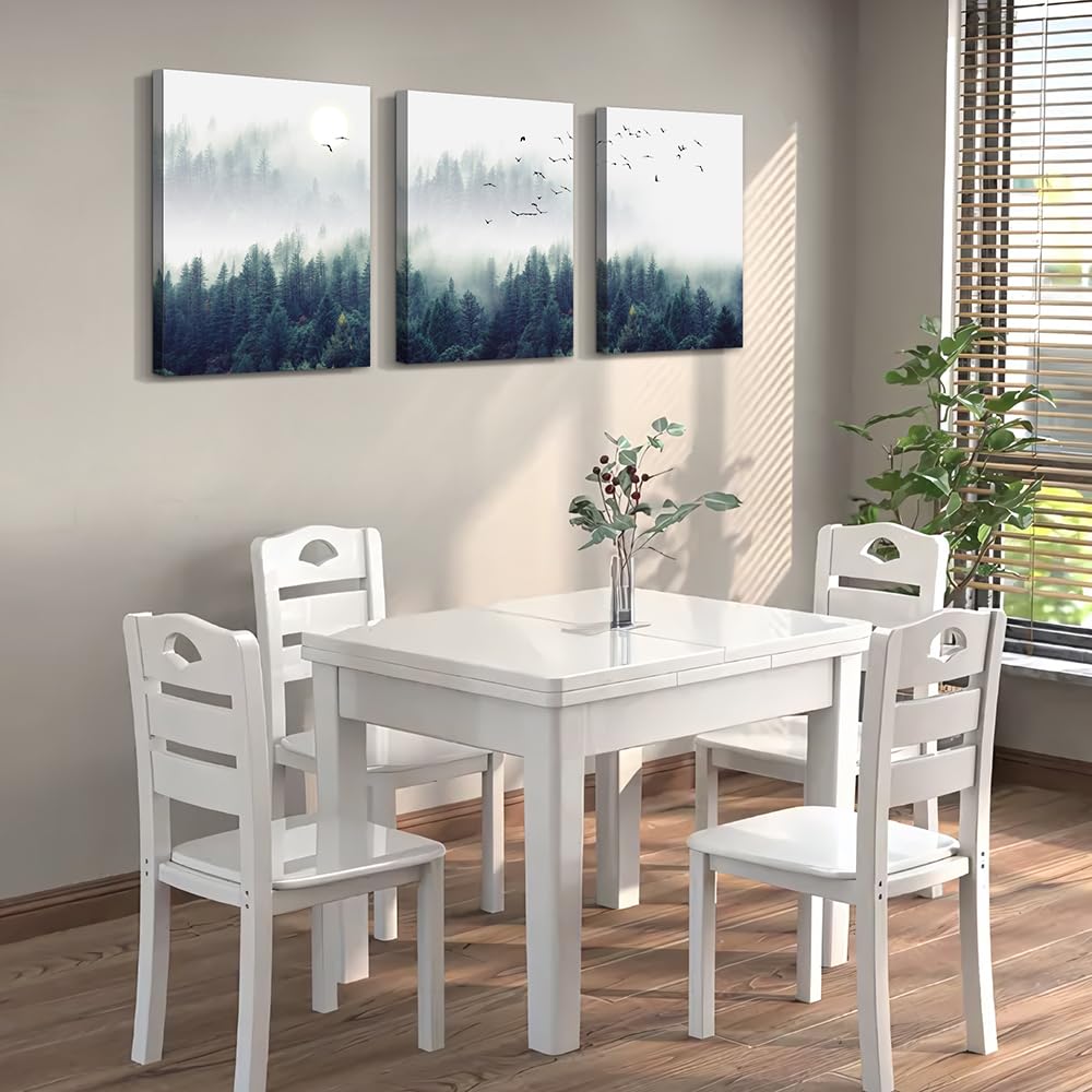 3 Piece Canvas Wall Art for Living Room Wall Decorations for Bedroom Office Wall decor Foggy forest Trees Landscape painting Stretched and Framed Ready to Hang pictures Home Decor 12''x16''x3 Panels