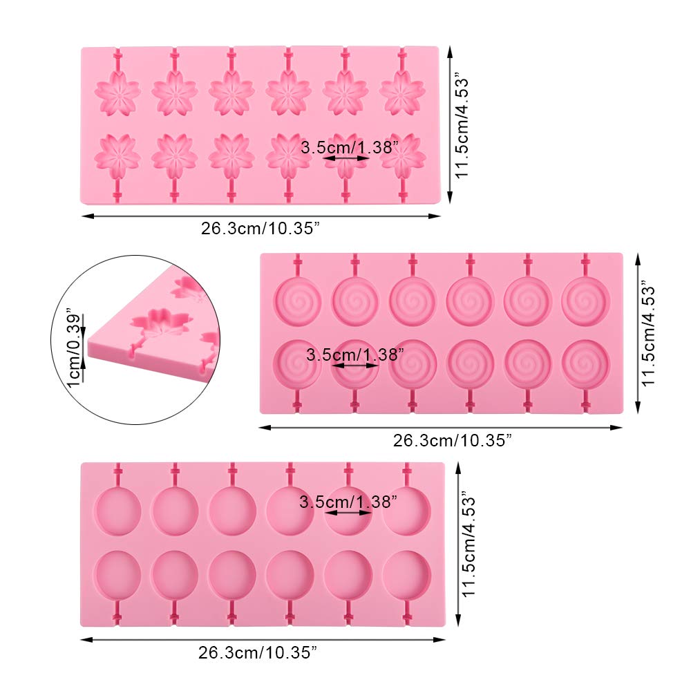 3 Pack Silicone Lollipop Molds,Sonku 12 Cavity Round Cherry Blossoms Swirl Chocolate Hard Candy Mold With 60 Pcs Sucker Sticks