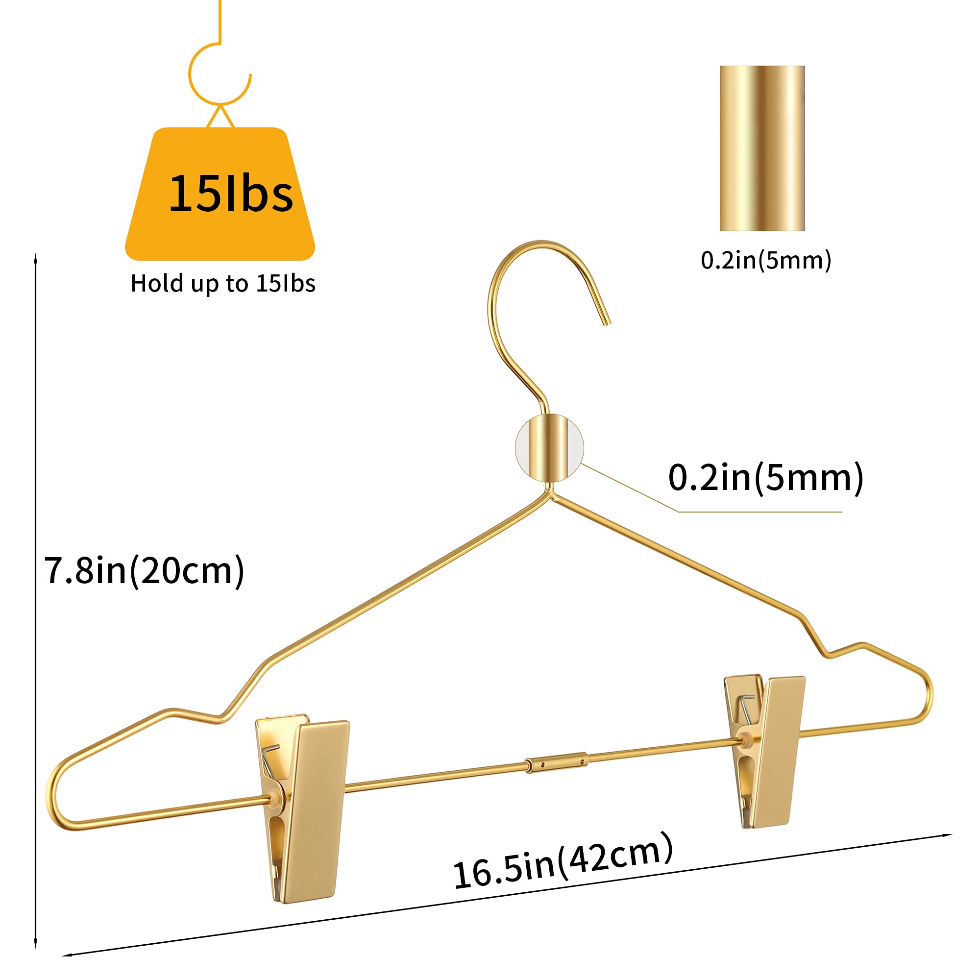 Metal Hangers Heavy Duty Gold 15 Pack Metal Gold Hangers Wire Hanger With Gold Clips For Storage & Display (Gold)