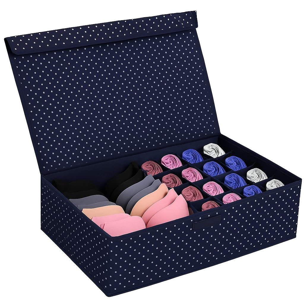Poxeflip Multi Compartment Foldable Closet Storage Box With 16 Grids | Drawer Organizer For Underwear, Bra, Panty & Innerwear | 