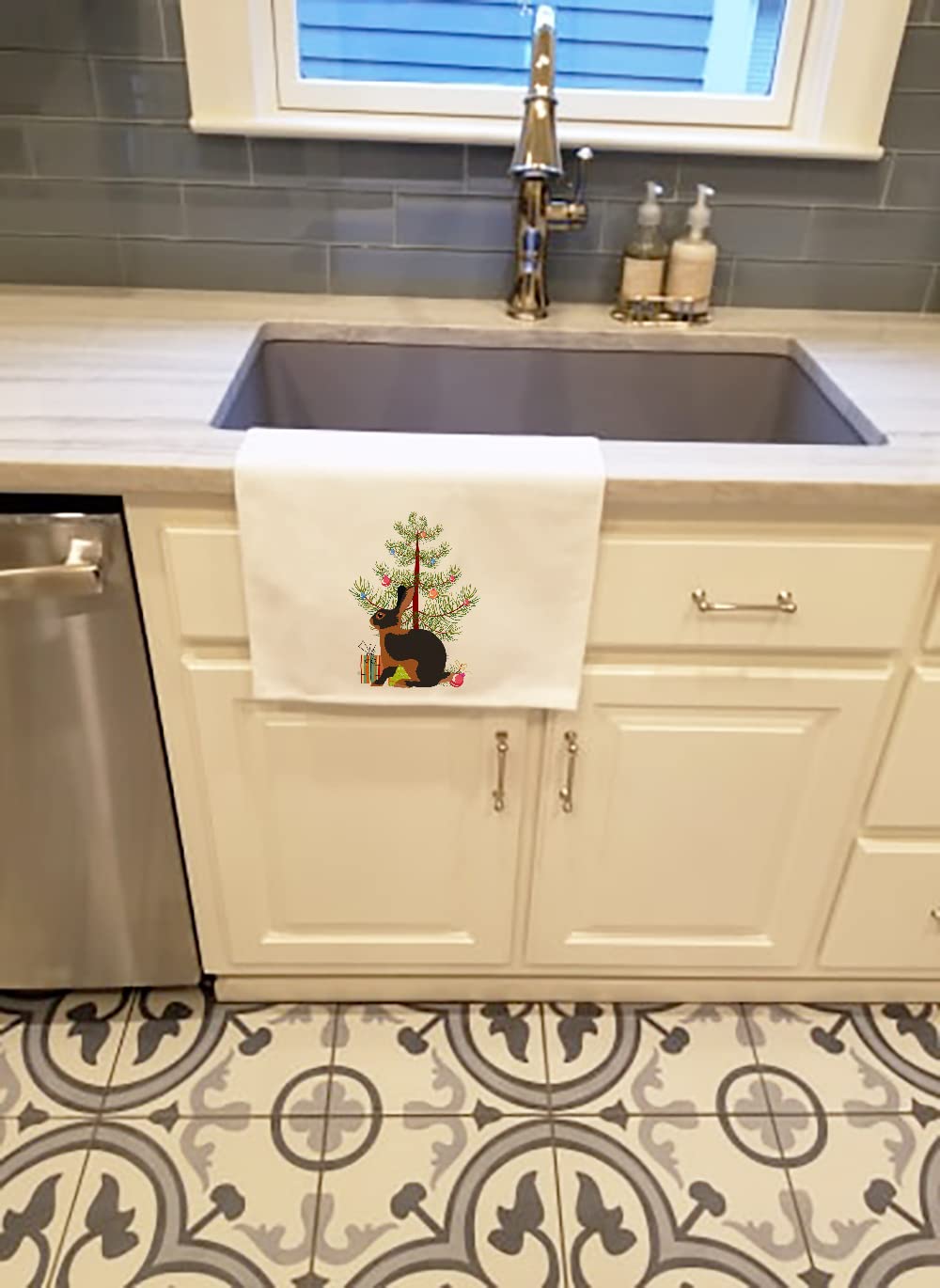 Tan Rabbit Christmas White Kitchen Towel Set of 2