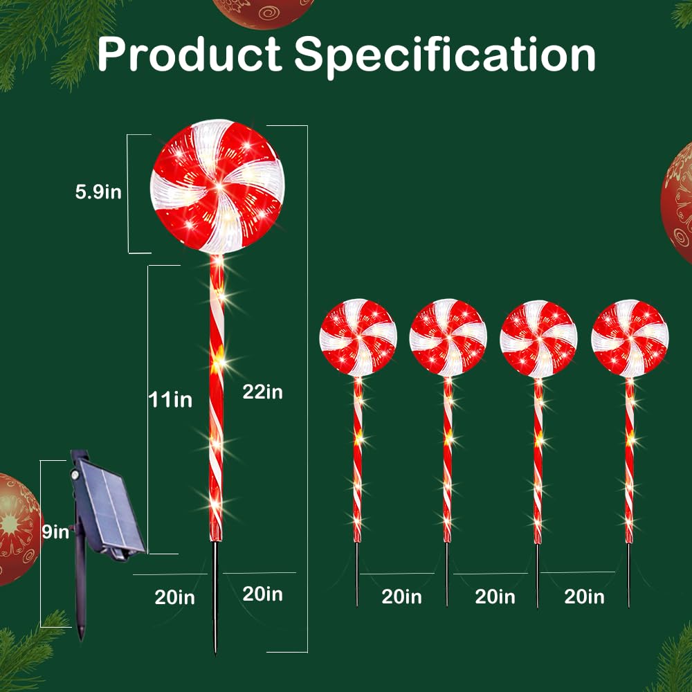 Solar Christmas Pathway Lights - 5 Pack Candy Cane Lollipop Peppermint Lights for Xmas Decorations, 22   Solar LED Candy Cane Pa