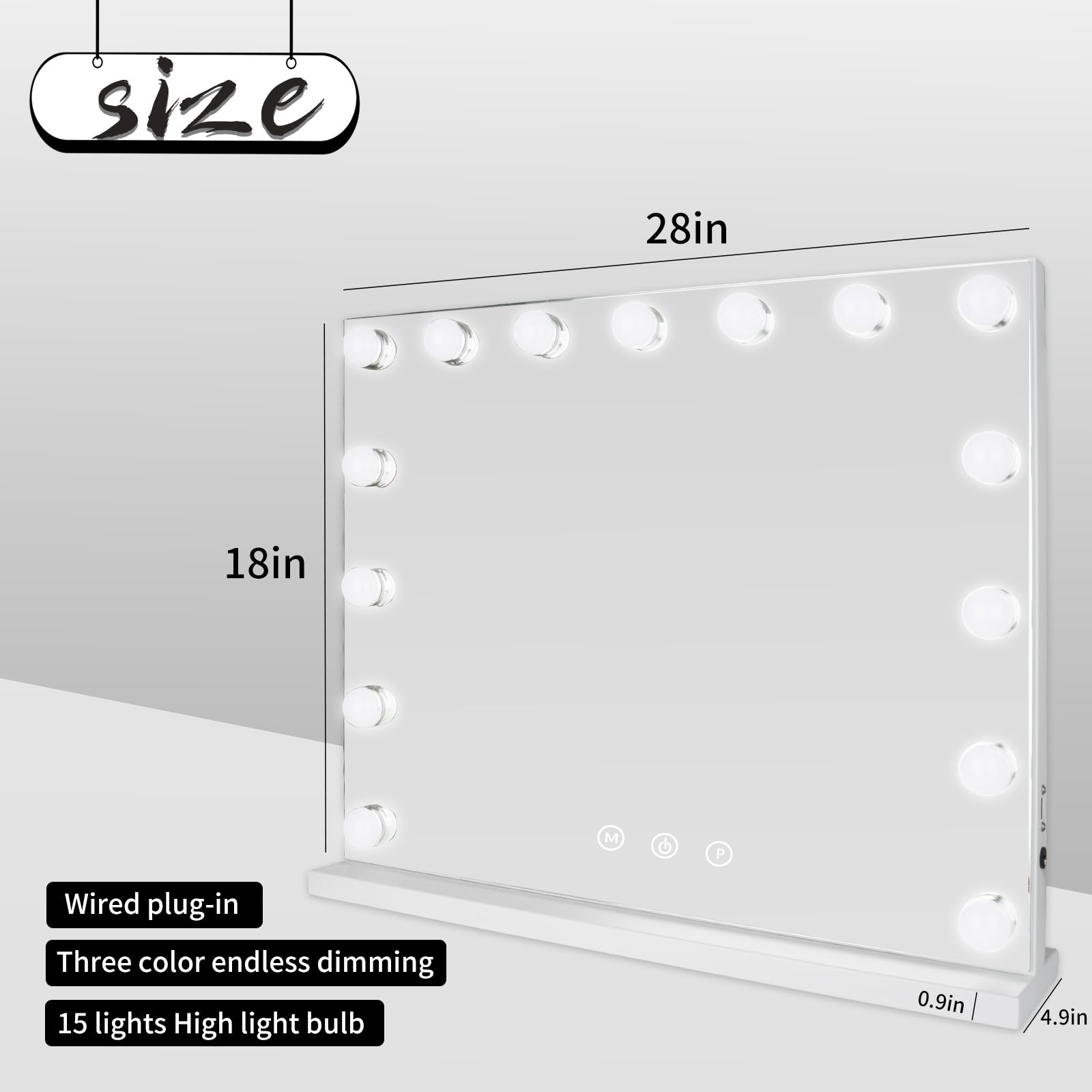 Vanity Mirror With Lights 22.8'' X 18.2'' White Makeup Mirror Hollywood Mirror With 15 Dimmable Led Bulbs 3 Color Modes 10X Magn