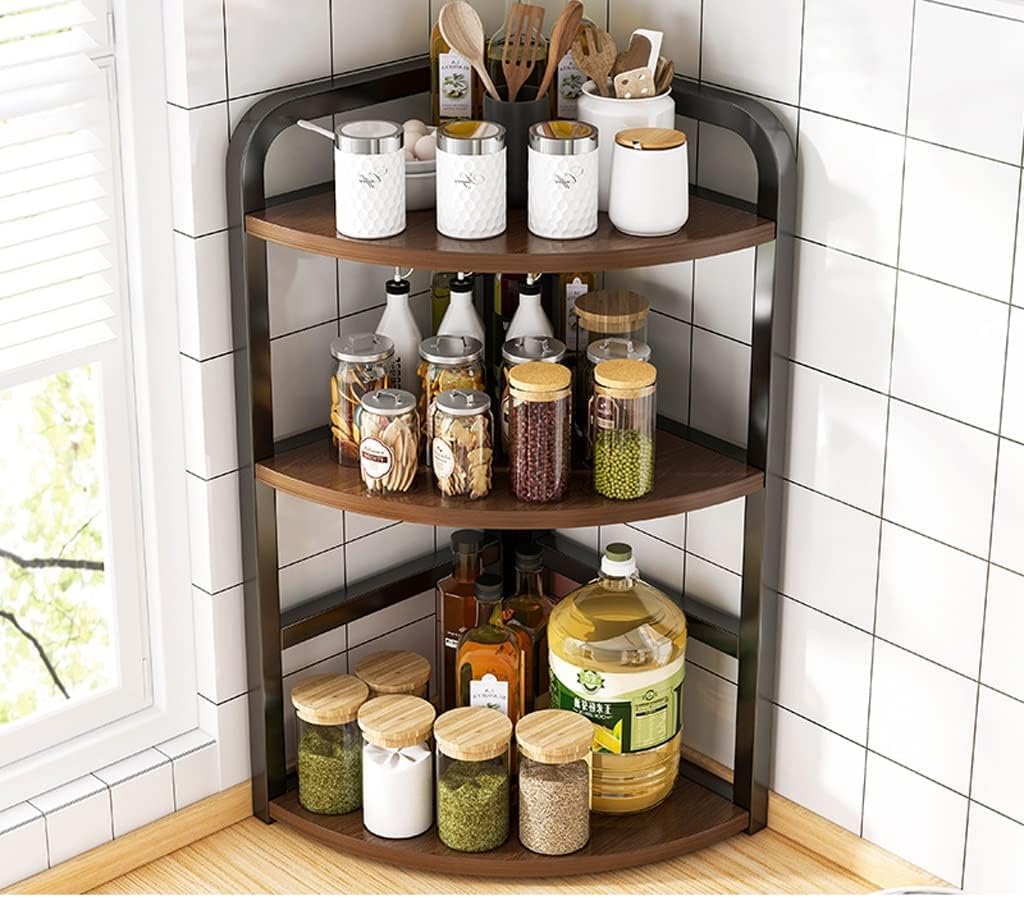 HEMOVIA Spice Rack Organizer for Kitchen Countertop, Metal Kitchen Storage Shelf with Wooden Shelves, Pantry Cabinet Organizer f