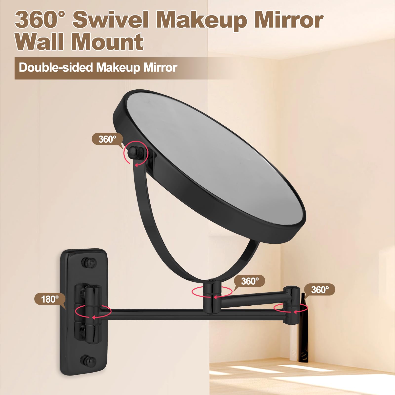 8    Wall Mounted Makeup Mirror with10X Magnification, Double Sided Shaving Mirror Wall Mount for Bathroom, 360 Swivel Extendabl