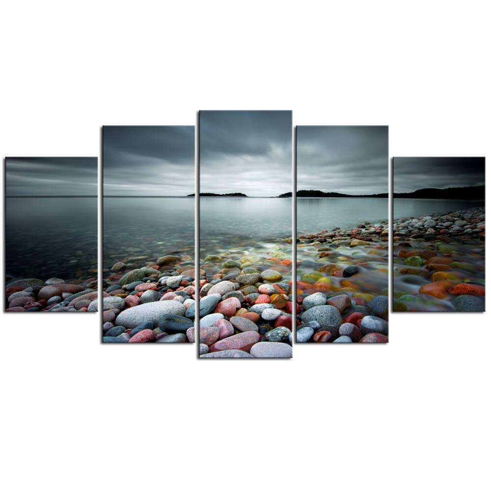 Sechars - Peaceful Ocean Large 5 Panels Colorful Stones Under Sunset Landscape Canvas Prints Wall Art For Home Decorations Frame