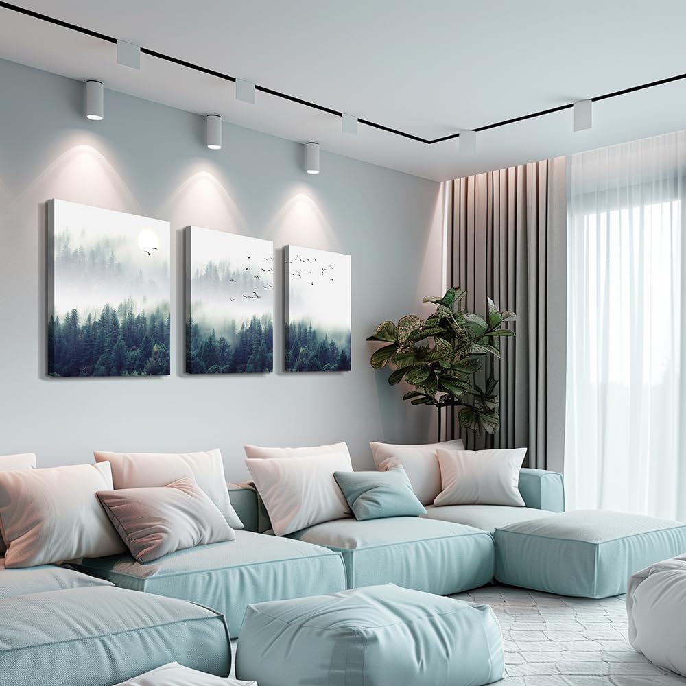 3 Piece Canvas Wall Art for Living Room - Misty Forests of Evergreen Coniferous Trees in an Ethereal Landscape - Modern Home Decor Stretched and Framed Ready to Hang - 16''x24''x3 Panels wall decor