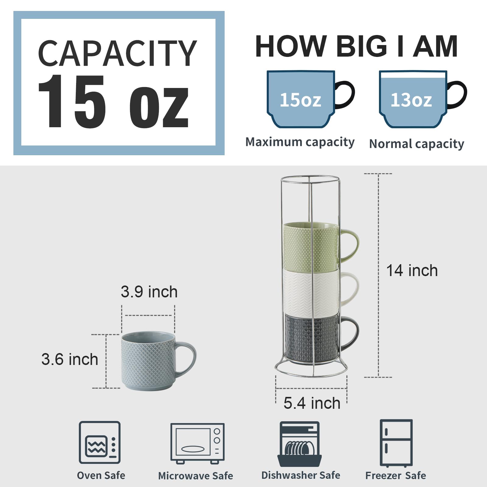 Hasense Coffee Mugs, Stackable Porcelain Coffee Cups Gift Set Of 4 With Metal Stand, 15 Ounce Embossed Cappuccino Cups For Latte