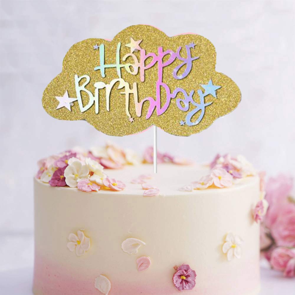 Flairs New York Happy Birthday Decorations Cake Toppers Party Props (Pack Of 1 Cake Topper, Golden Cloud Happy Birthday)