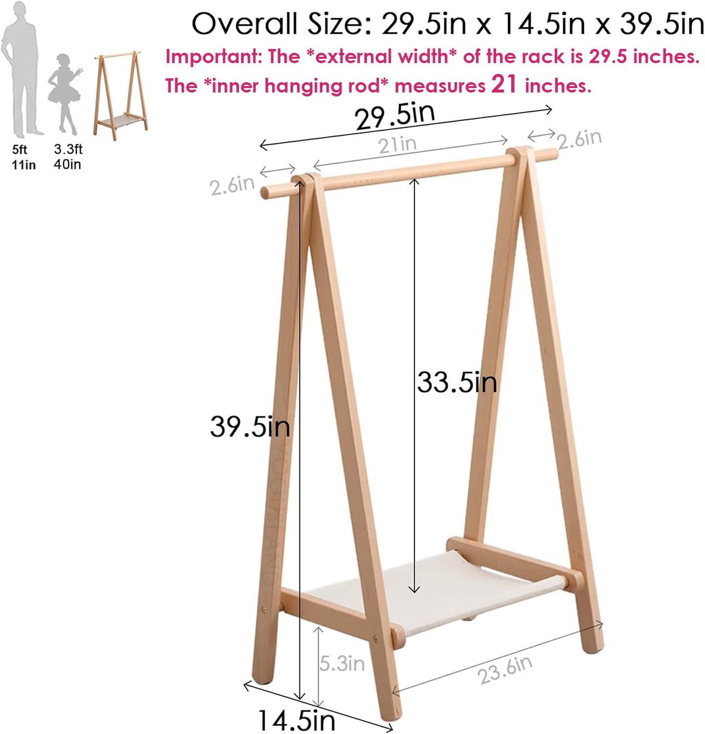 VOGUSLAND Dress up Rack  Child Garment Rack  Kids Clothing Rack with Storage Shelf (Natural Beech  29.5'' L x 14.5'' W x 40'' H)
