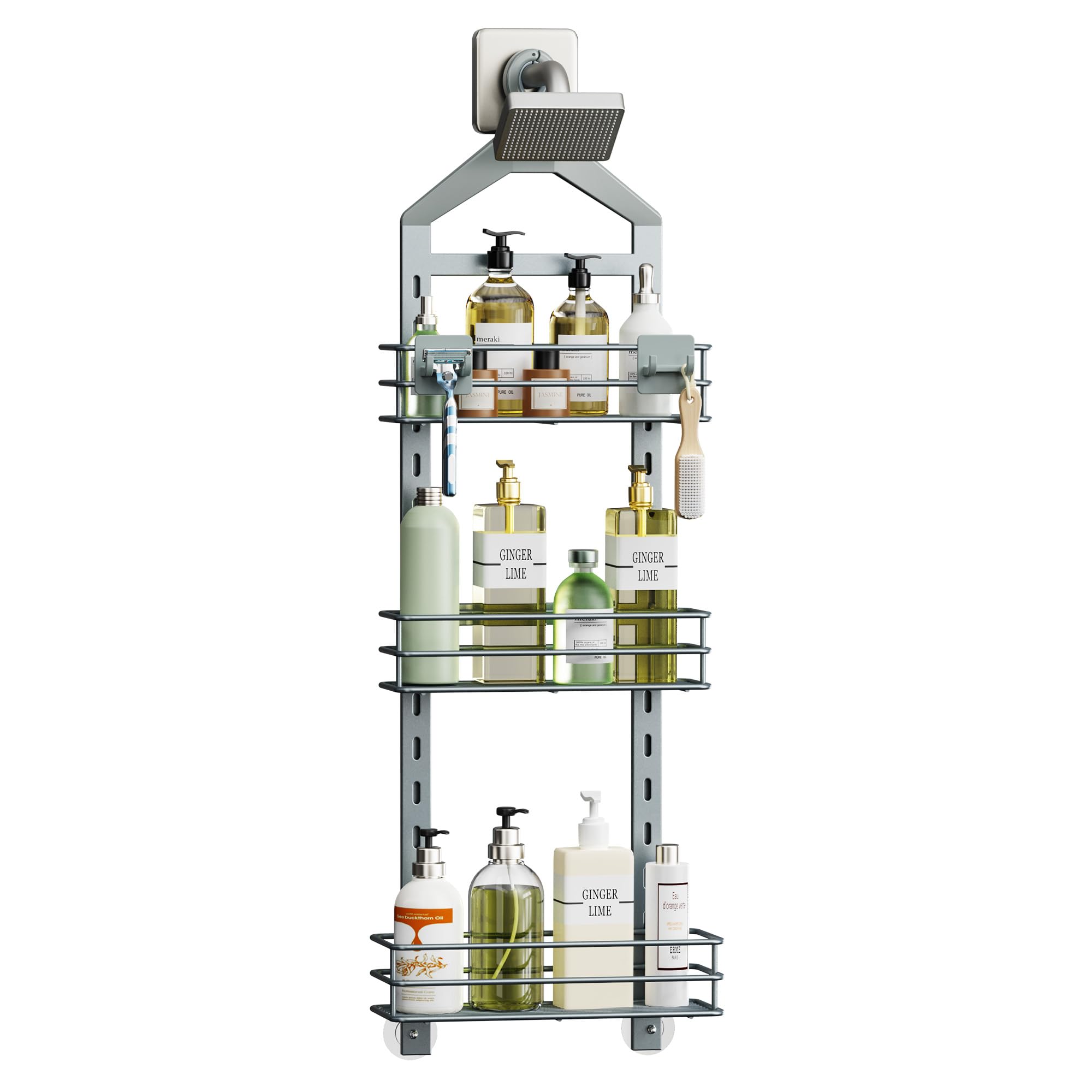 Orimade Adjustable Anti-slip Shower Caddy Overhead, Rustproof Hanging Shower Organizer With 2 Razor Hooks - No Drilling, 3-Tier 