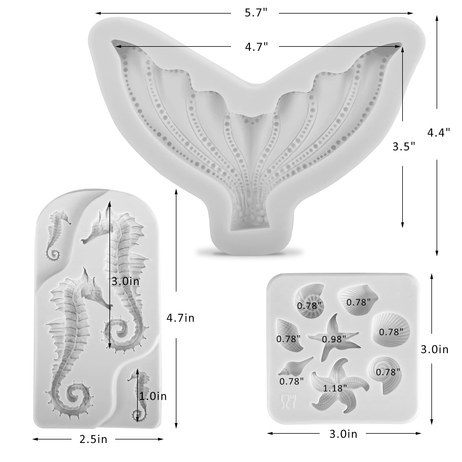 Beasea Mermaid Cake Fondant Mold, 3 Pcs Seahorse Seashell Starfish Mermaid Tail Silicone Mold Chocolate Shells Baking Molds For