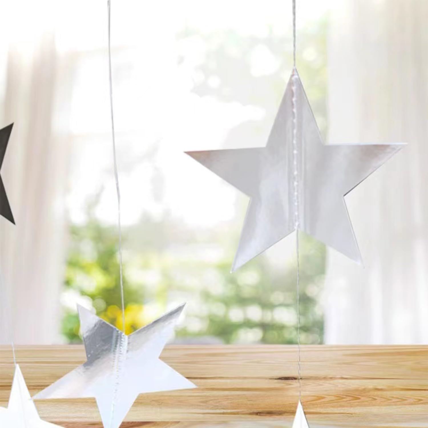 Yzurbu Silver Star Garland, 78 Feet Double Side Hanging Sparkly Paper Star Banner Decorations for Birthday Wedding Engagement Ba