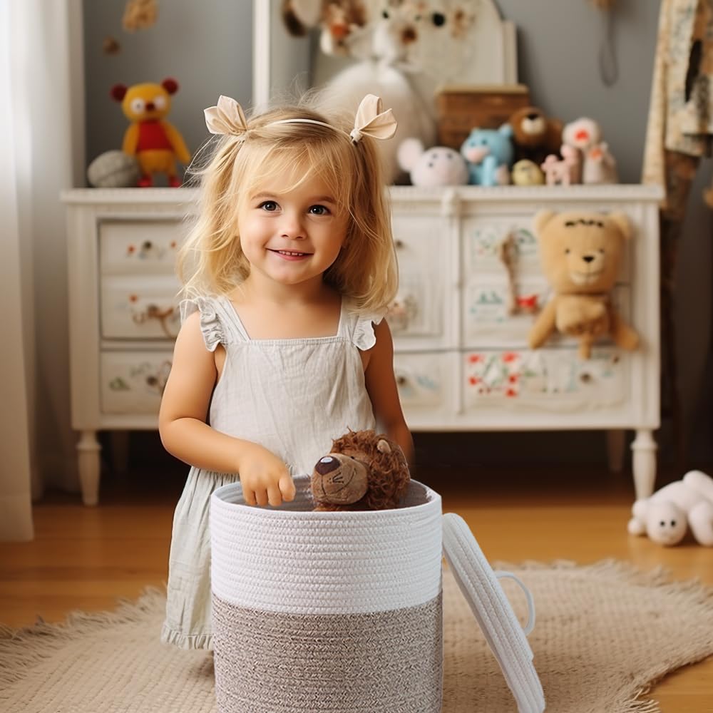Yimi's Dream Medium Cotton Rope Storage Basket with Lid, 12''D x 13.5''H, Brown & White, Ideal for Nursery & Living Room