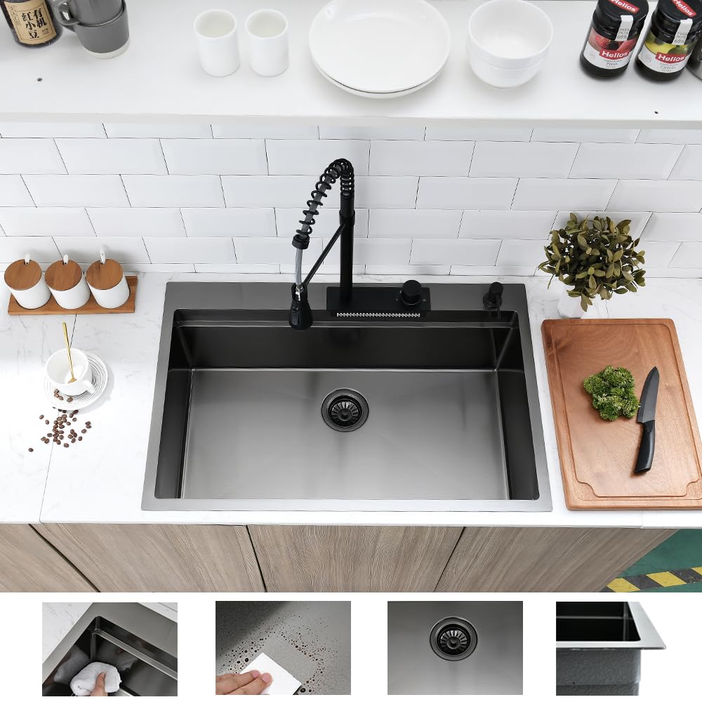 Boomhoze Black Stainless Steel Waterfall Kitchen Sink, 33X22 Workstation Drop In Kitchen Sink With Faucet Combo 16 Gauge Top Mou