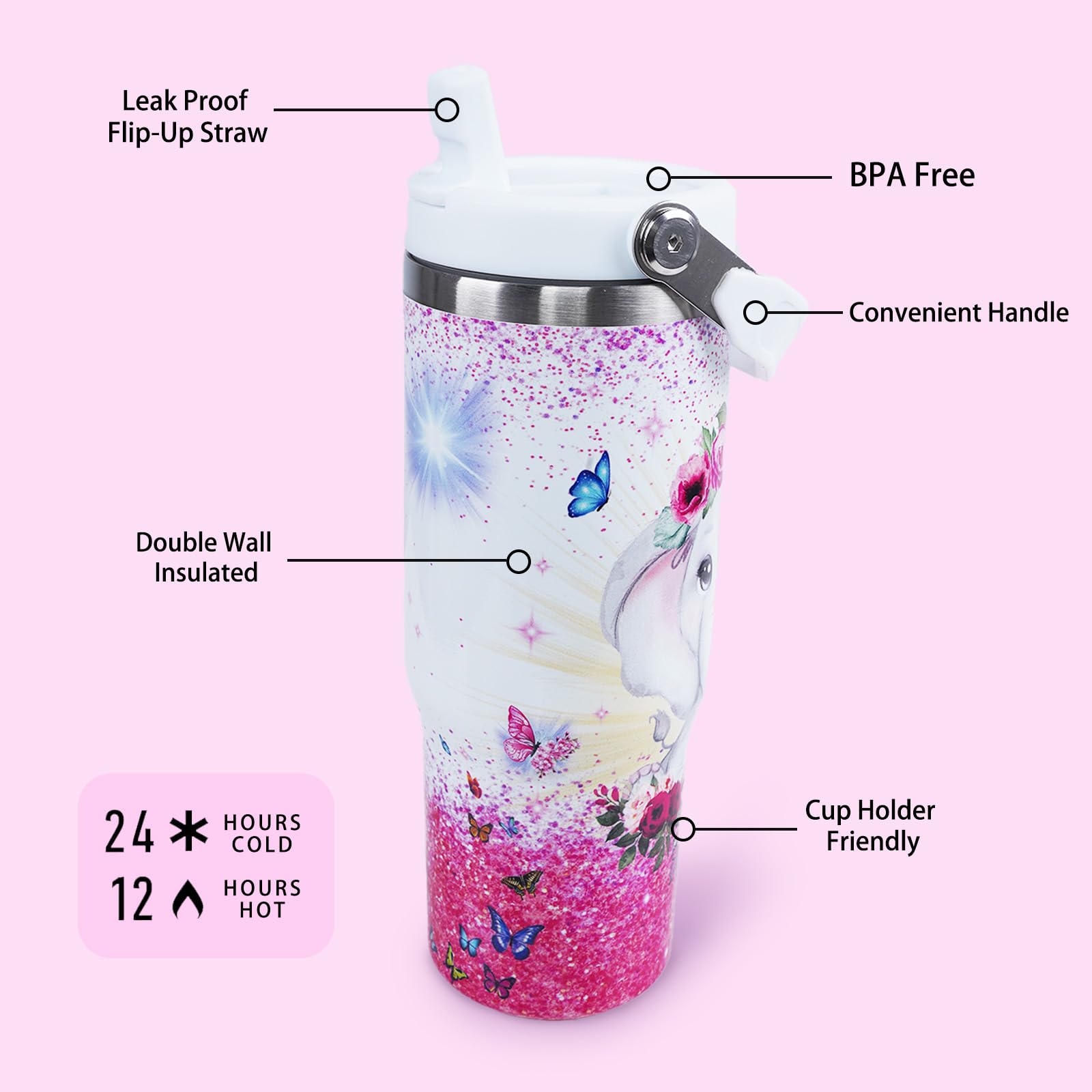 Elephant Mug 30 Oz Tumbler With Handle Flip Straw Leak Proof - Elephant Gifts For Women 30Oz Tumbler 30 Ounce Travel Coffee Mug