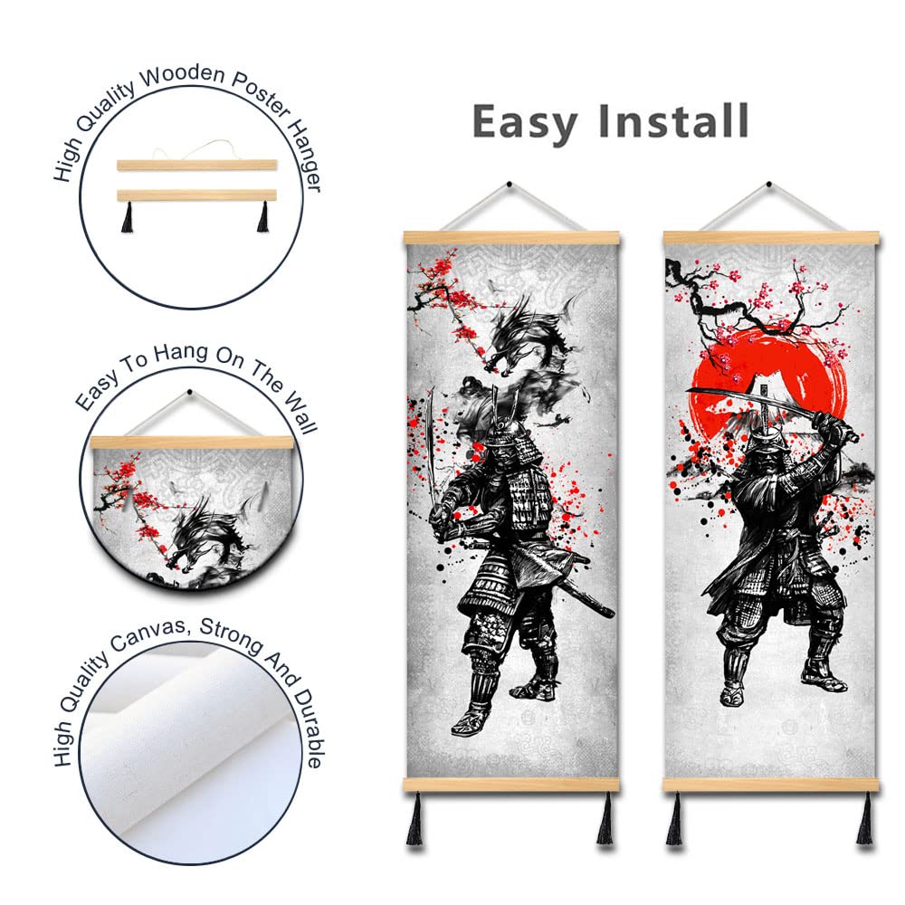 Mboufoey 2 Pieces Vintage Style Ancient Japan Warrior Dragon And Fuji Mountain Canvas Samurai Wall Art Print Poster Black And Wh