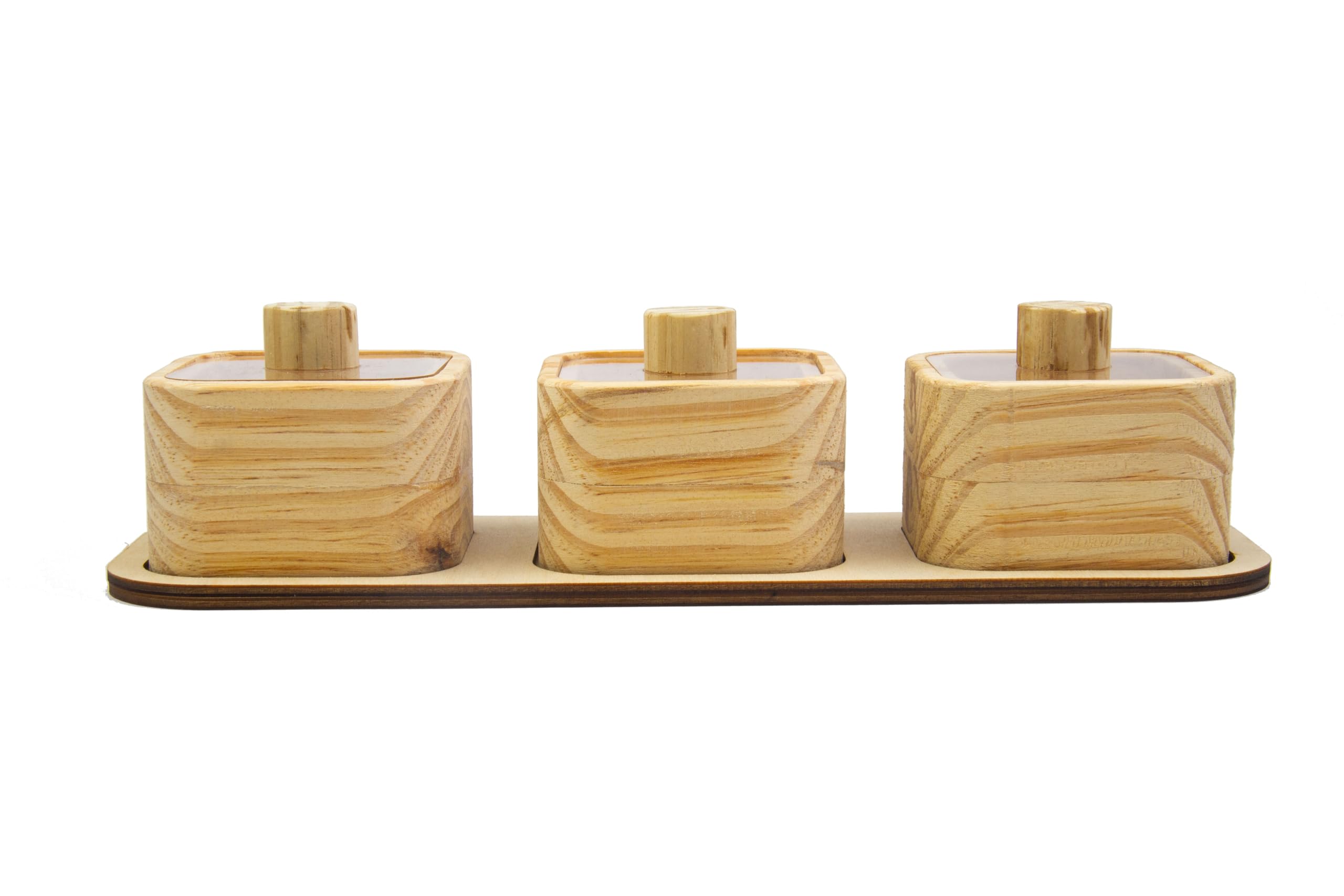 Xsource Wooden Masala Box Set  3 Square Jars With Tray And Lid Natural Spice Storage Organiser For Kitchen Countertop Dry Fruit