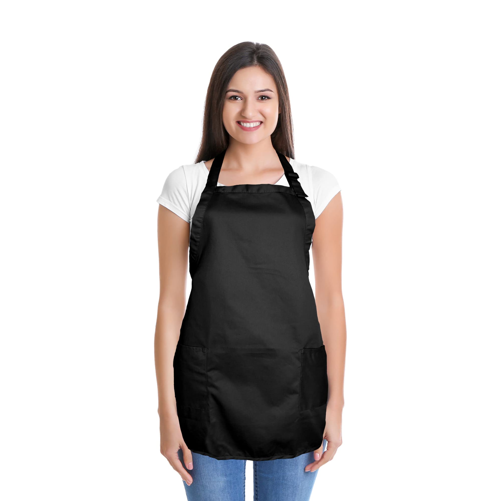 Dalix Apron Commercial Restaurant Home Bib Spun Poly Cotton Kitchen Aprons (2 Pockets) In Black 12 Pack