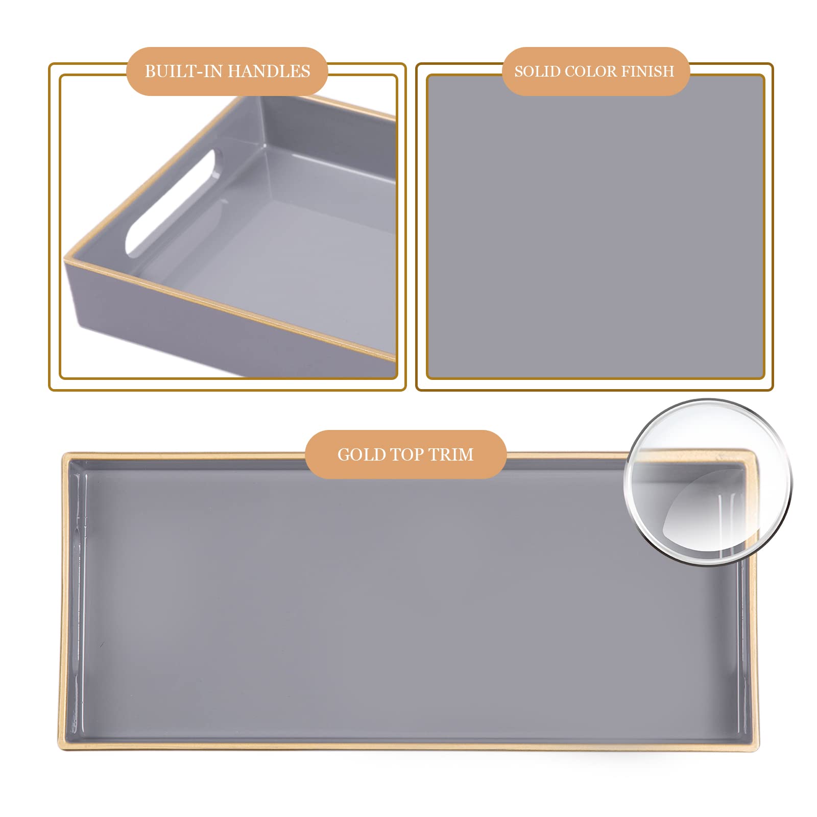 Maoname Gray Bathroom Tray, Plastic Vanity Tray, Countertop Tray, Gold Edged Decorative Tray With Handles, Perfume Organizer For