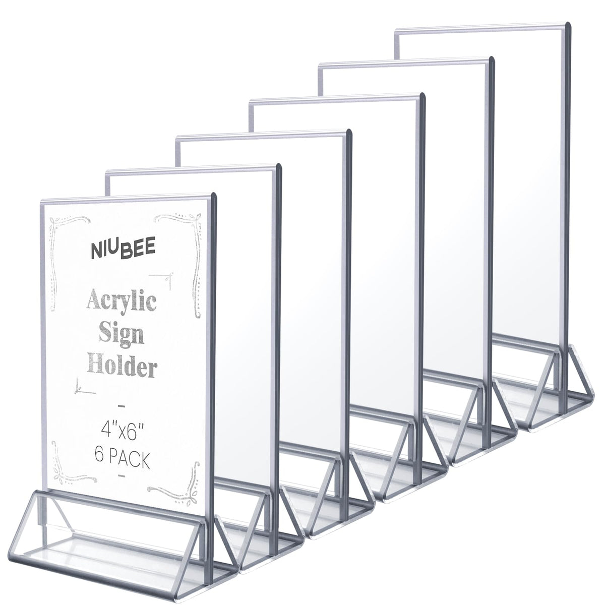 Niubee 6Pack 4X6 Clear Acrylic Sign Holder With Sliver Borders And Vertical Stand, Double Sided Table Menu Holders Picture Frame