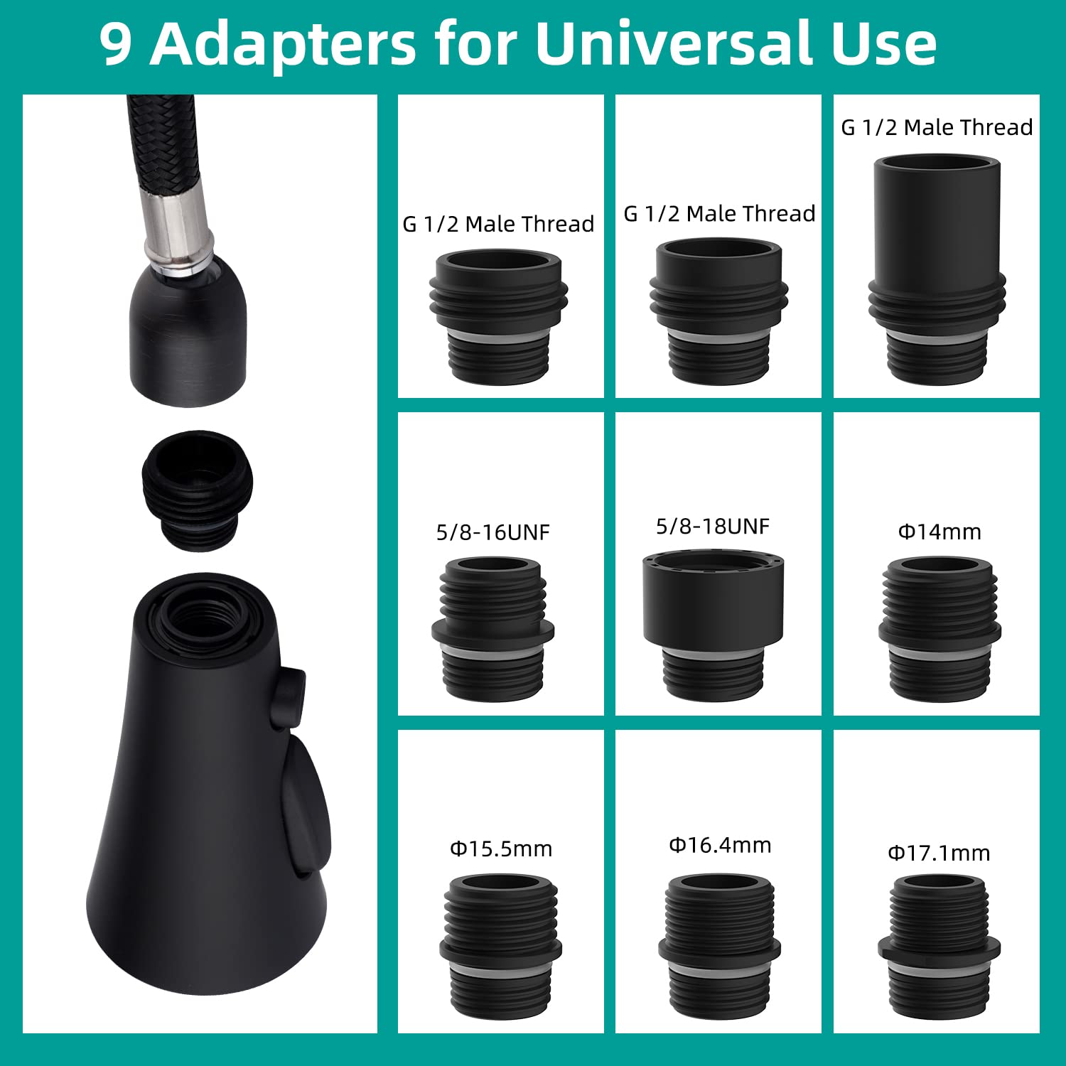 Hygie Rinse Kitchen Faucet Head Replacement, Pull Down Kitchen Faucet Sprayer Head With 9 Adapter Kit, 3 Function Kitchen Sink F