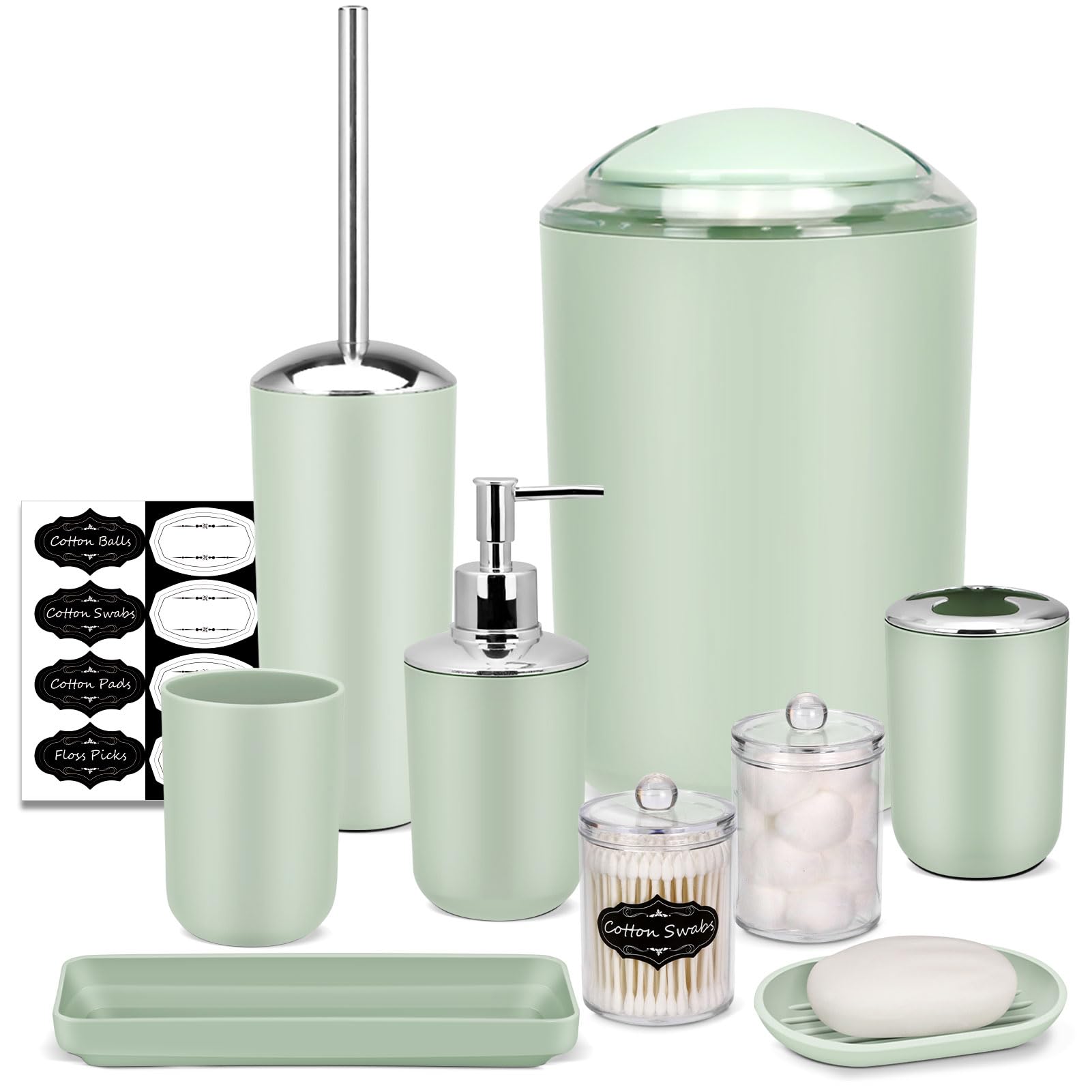 Imavo Bathroom Set - 9 Pcs Green Bathroom Accessories Set With Trash Can,Tray,Soap Dispenser,Soap Dish, Toothbrush Holder,Toothb