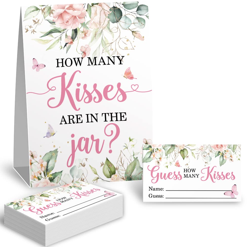 How Many Kisses Bridal Shower Game Card 50 Pcs And 1 Standing Sign, Bridal Party Decorations, Floral And Butterfly Girl Baby Sho