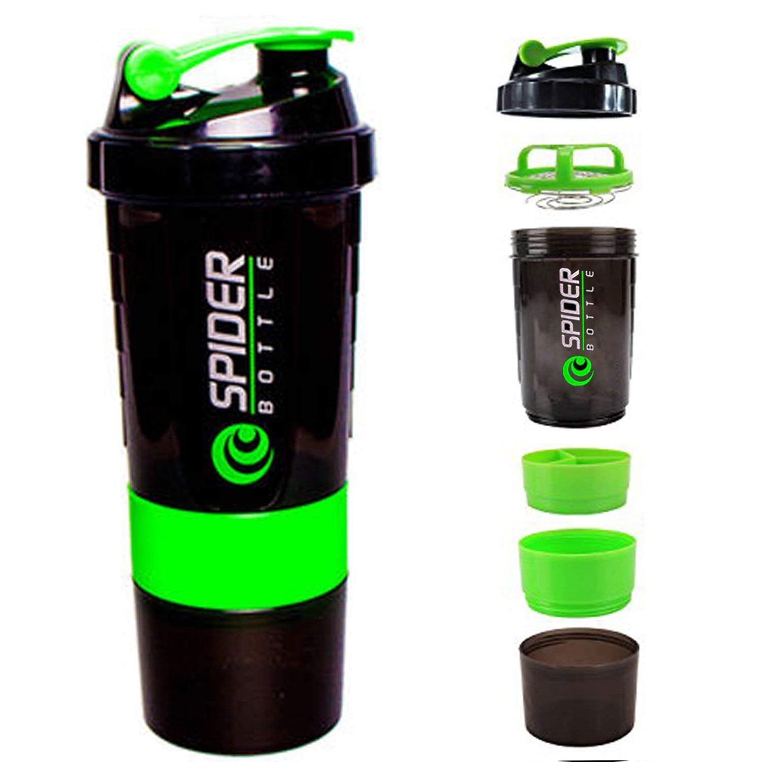 Ag ECom Spider Plastic Protein Shaker Bottle With 2 Storage Extra Compartment (500 Milliliters)(Green)