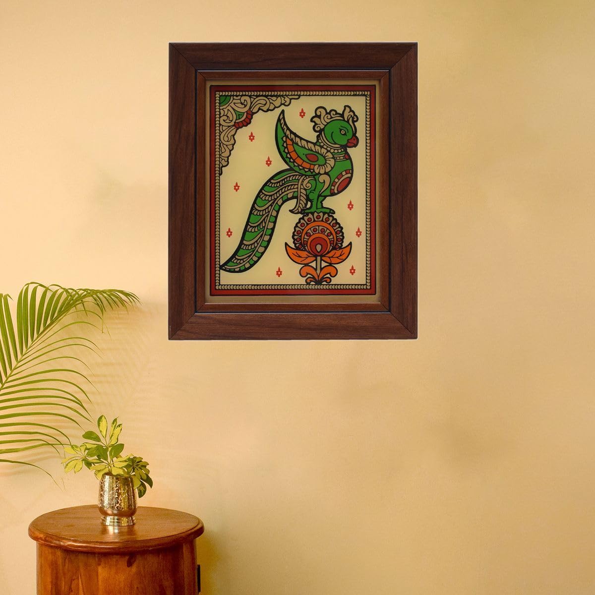 Tarang Arts Parrot Tanjore Reverse Glass Painting with Fiber Frame, Handmade Traditional Wall Art for Home decor, Office, Puja,