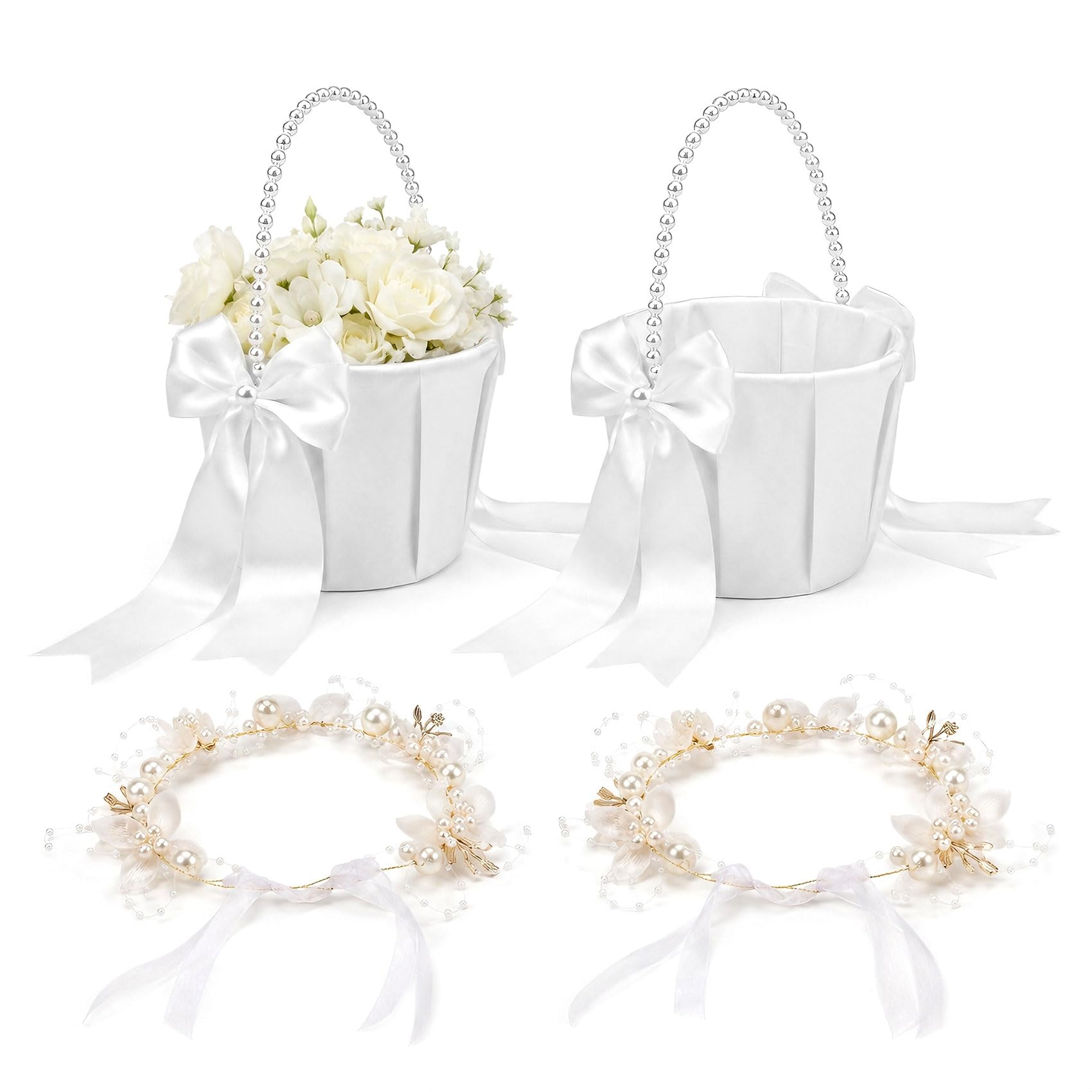 4 Pcs Wedding Flower Girl Basket Set, Satin with Adjustable Pearl Headbands