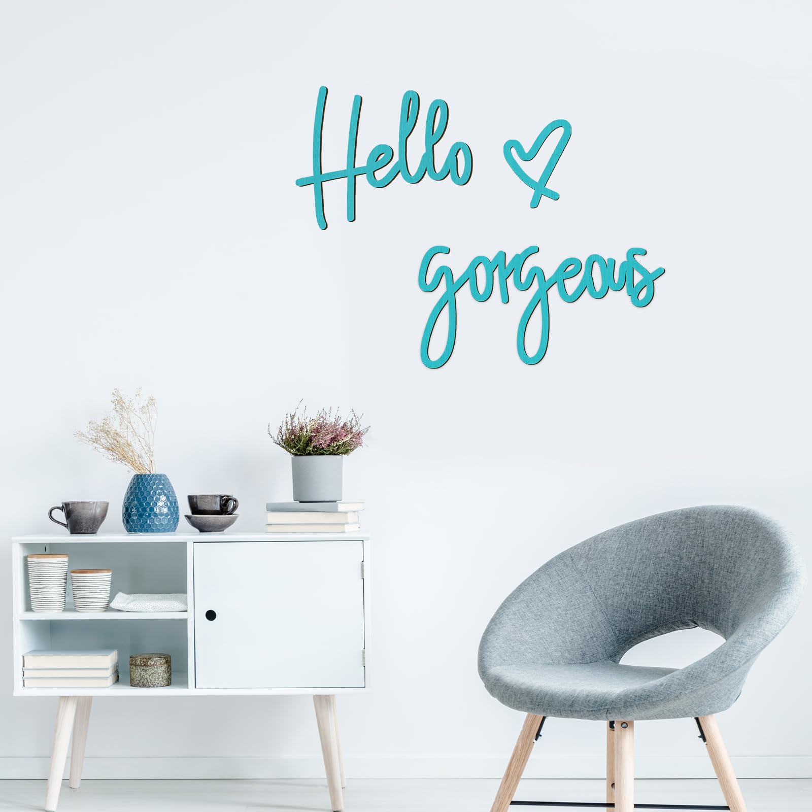 Blulu Hello Gorgeous Wall Decor Words Blue 3D Wooden Hello Gorgeous Sign Decor Wall Art for Home Room Office Door Decorations Pa