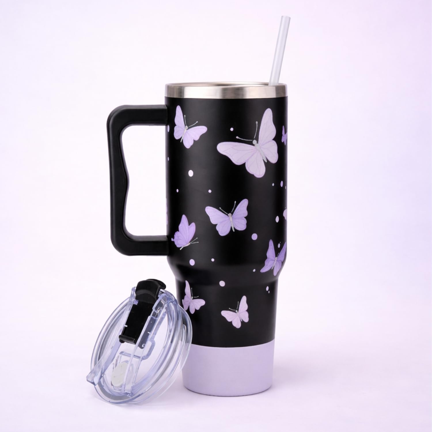 AT2Z GLOBAL Butterfly Gifts for Women, Butterfly Tumbler 40 oz with Lid and Straw, Purple Black Butterflies Water Bottle Stainle