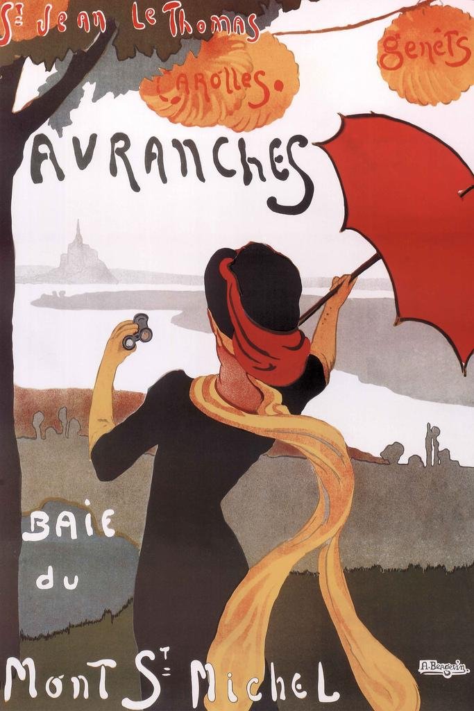 Albert Bergevin Avranches Baie Du Mont St Michel 1910 Vintage Ad French Travel Advertisement Woman With Umbrella Cool Wall Art P