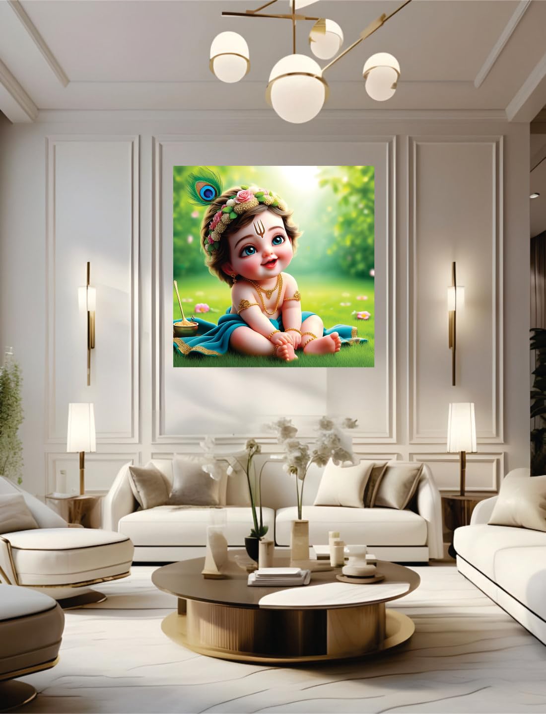 Anabia Decor Baby Krishnaseat On Garden God Wall Poster For Pooja Room,Office,Bedroom,Living Room (Size -45 Cm X 45 Cm)