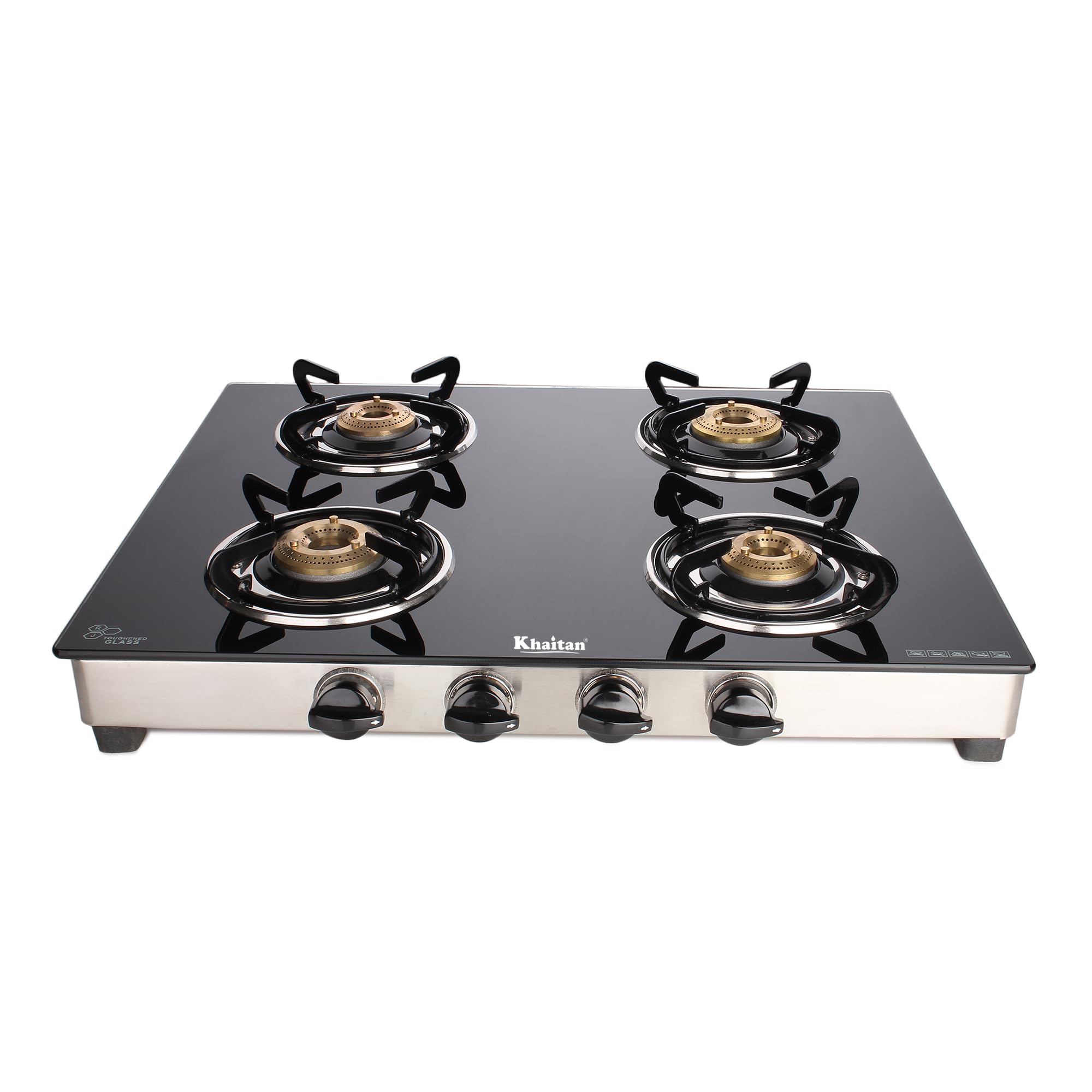 Khaitan Rockstrong Series 4 Burner Rect Ss Black Toughened Glass | Lpg Cooktop I Manual Ignition Stove | Ergonomic Knob | With 1