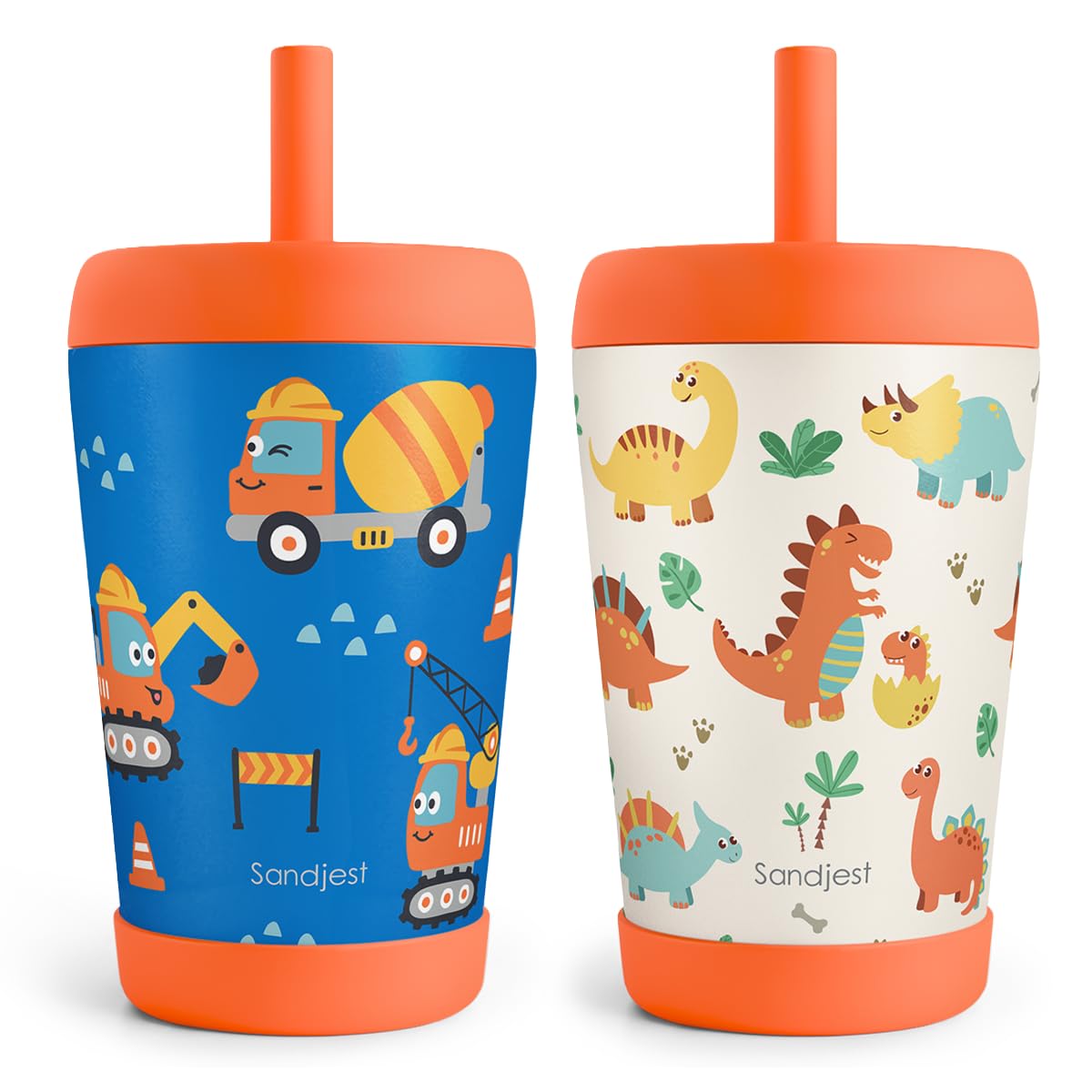 SANDJEST Kids nsulated Stainless Steel Tumbler with Silicone Straw, 12 Ounces, Pack of 2 for Boys, Birthday Back to School (Cons