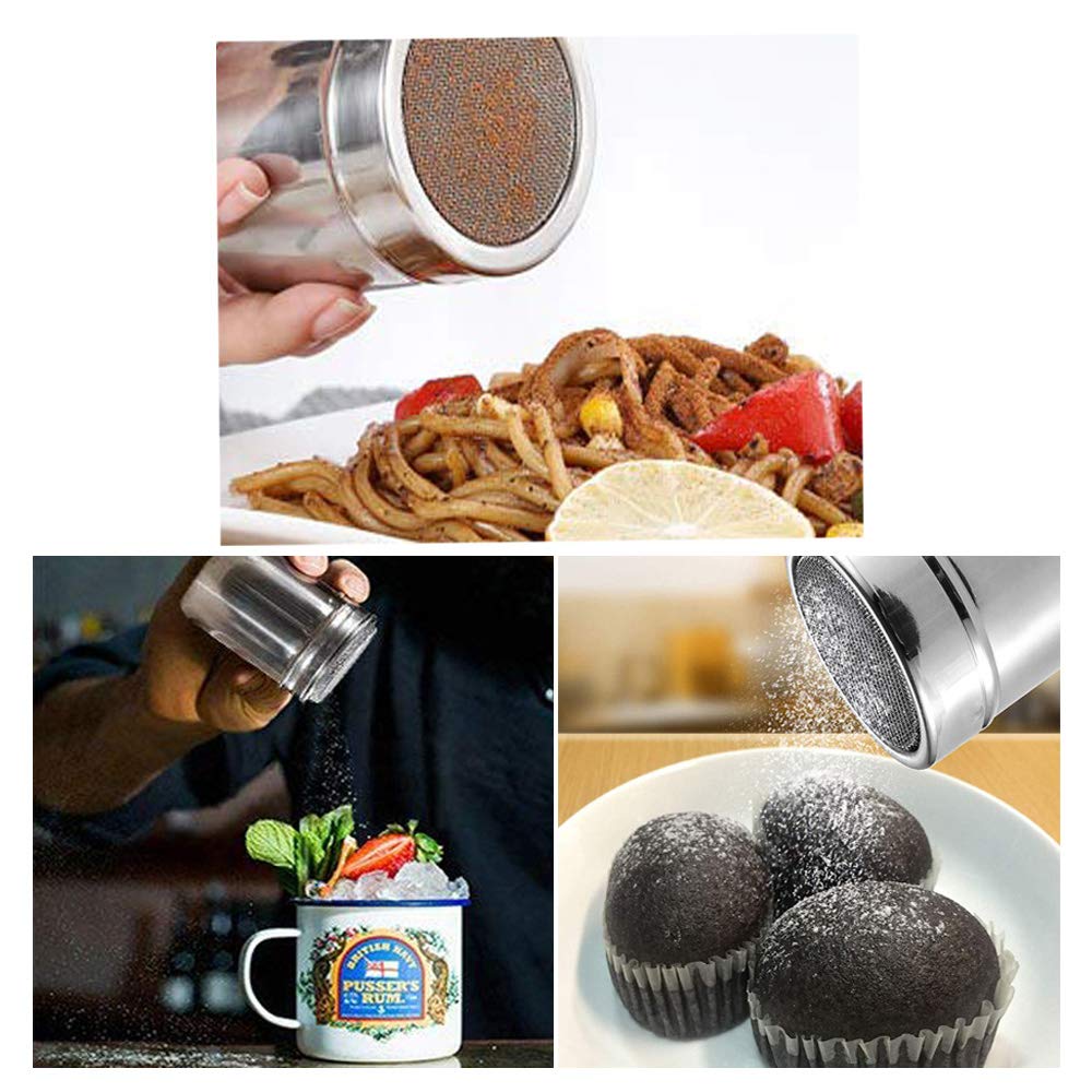 2 Pcs 10Oz Stainless Steel Powder Shakers, Tunan Coffee Cocoa Cinnamon Dredges With Fine-Mesh Lid, Sugar Spice Seasoning Cans Fo