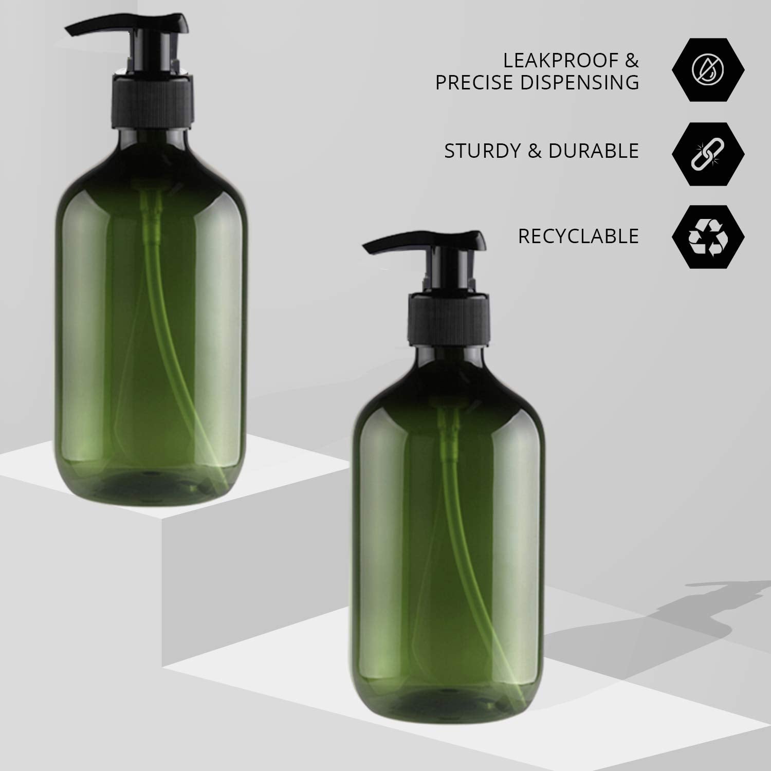 Tejal 16Oz Plastic Bottles With Pump, 8 Pack Liquid Soap Pump Bottles - Dark Green, Refillable Bottle For Cooking Sauces, Essent