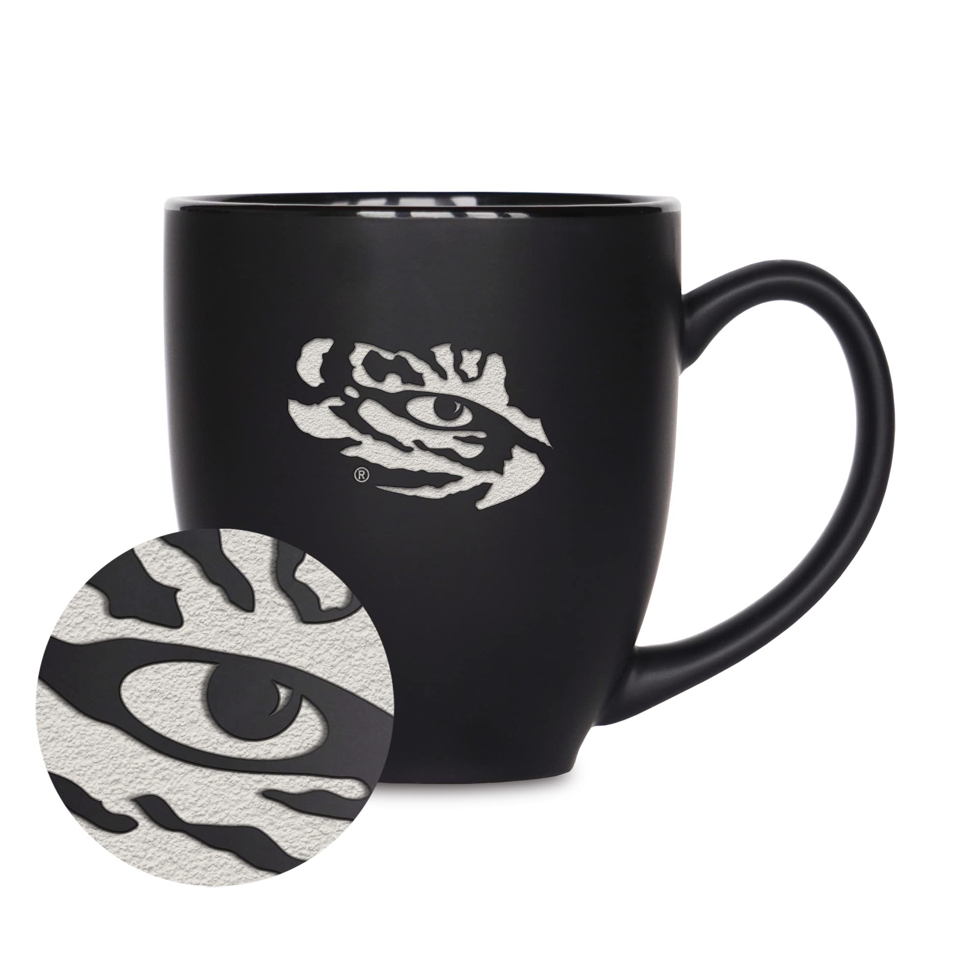 Rico Industries NCAA LSU Tigers Main 15oz Laser Engraved Matte Black Ceramic Bistro Mug - For Hot or Cold Drinks