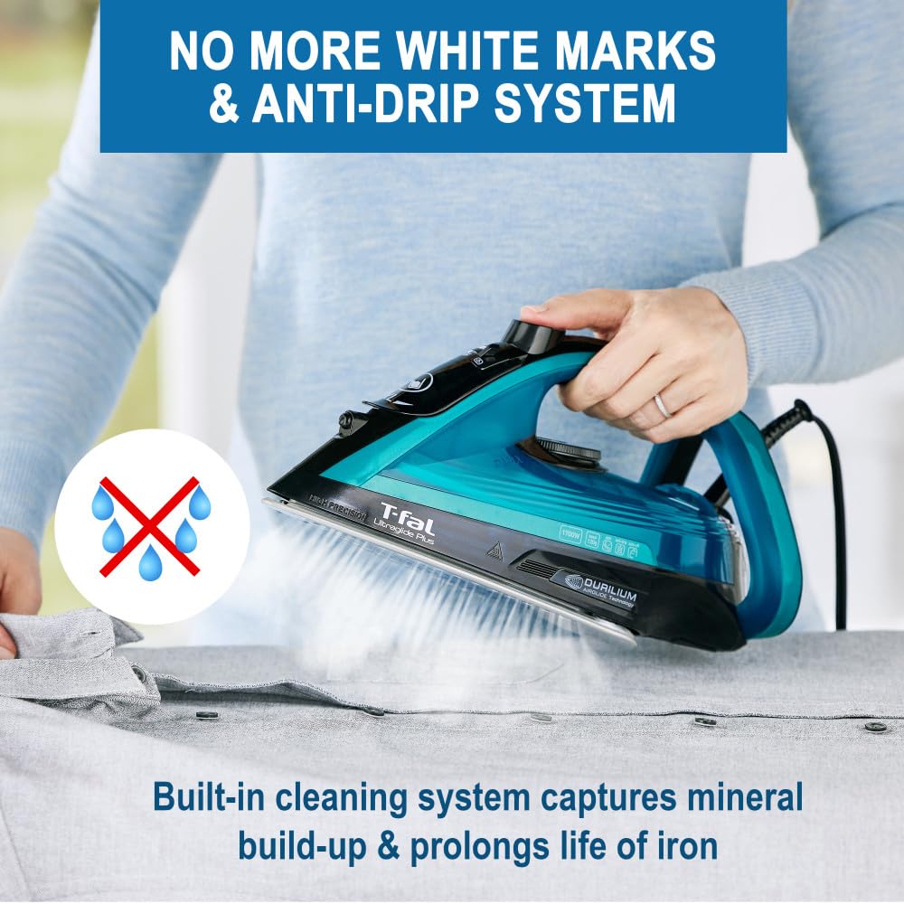 T-fal Ultraglide Steam Iron 1800W, Durilium Soleplate, Precision Tip, Anti-Drip, Auto-Off, Teal/Black, Model FV5841U0