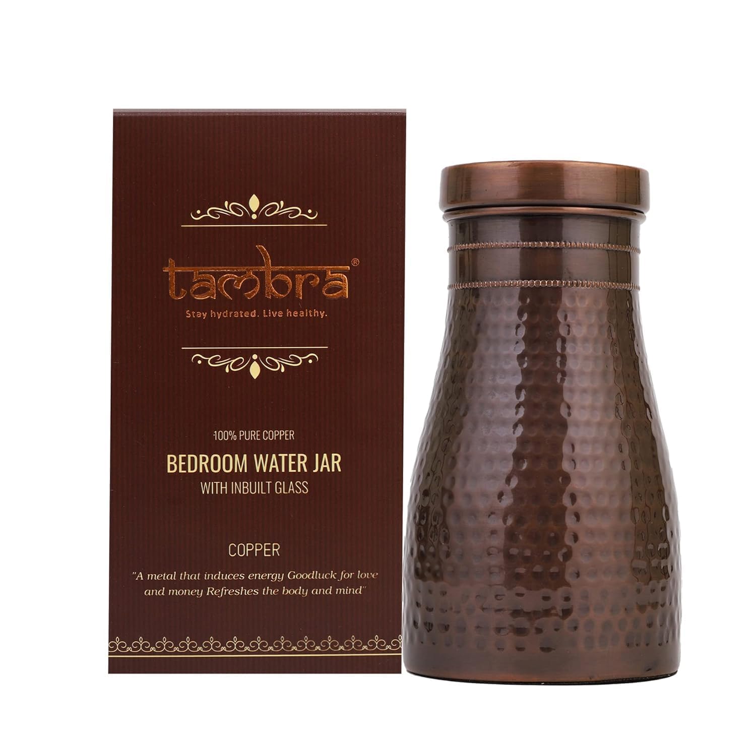 Tambra Pure Copper Bedroom Bottle with Inbuilt Glass & Printed Design, Drinkware & Storage Purpose, Bed Jar, Volume40Oz (RARITY